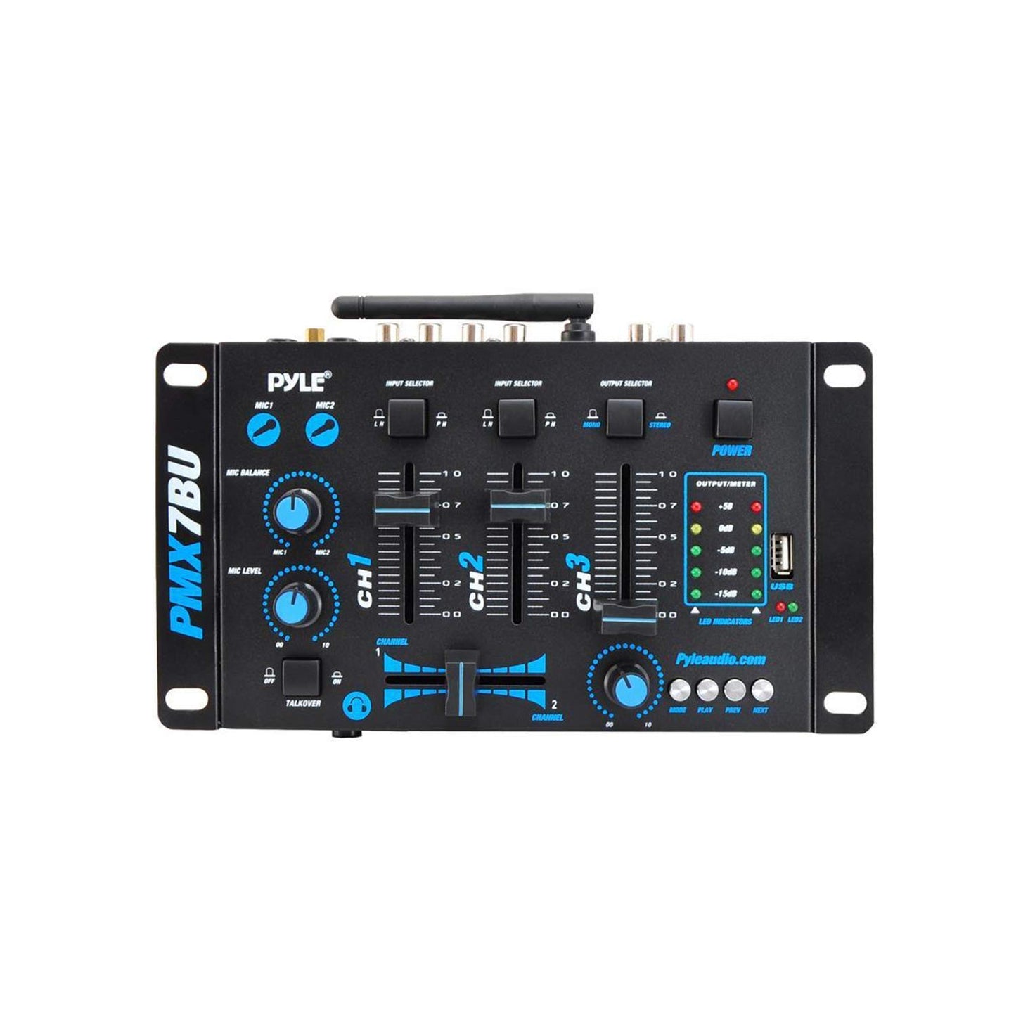 Pyle, 3 Wireless Audio Machine-3 Channel Bluetooth Compatible DJ Controller Sound Mixer System with Mic-Talkover, USB Reader, Dual RCA Phono/Line in, Microphone Input, Headphone Jack PMX7BU