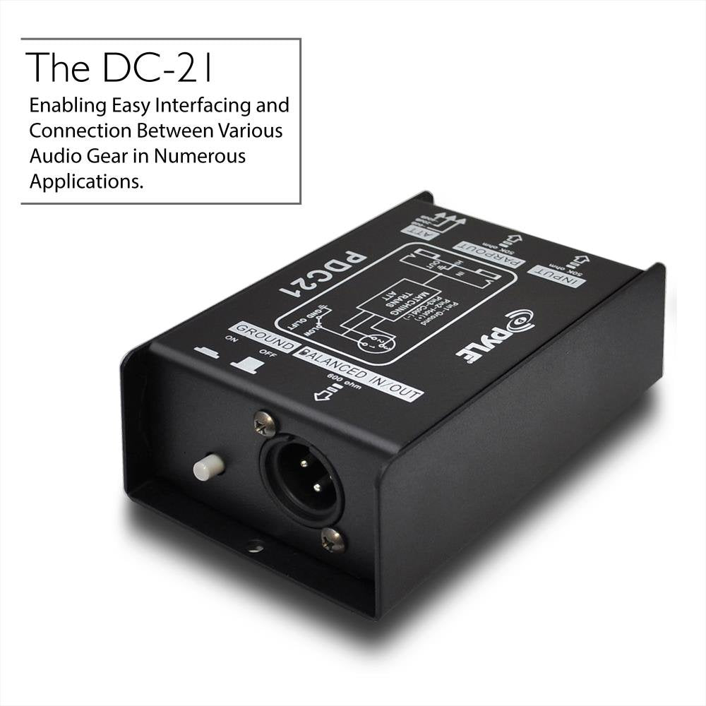 Pyle Premium Direct Injection Audio Box - 2.36" x 4.09" Passive DI Unit Hum Eliminator w/ Input Attenuator to Connect Guitar & Bass, 1/4'' Impedance Transformer Connector to Balanced & Unbalanced XLR