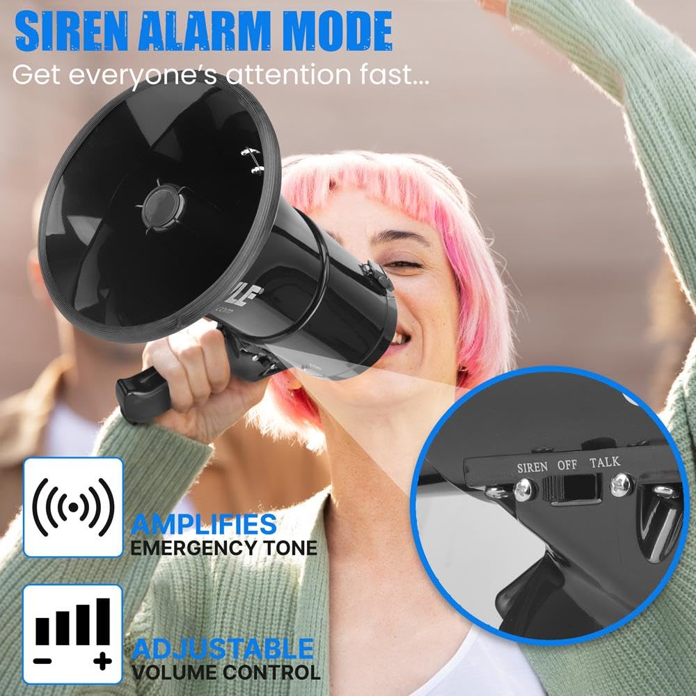 PYLE-PRO 50W Megaphone Speaker PA Bullhorn, Black Aux Input, Adjustable Volume, Siren, 35mm Aux Input, Ideal for Sports Events & Emergency Drills- PMP53IN