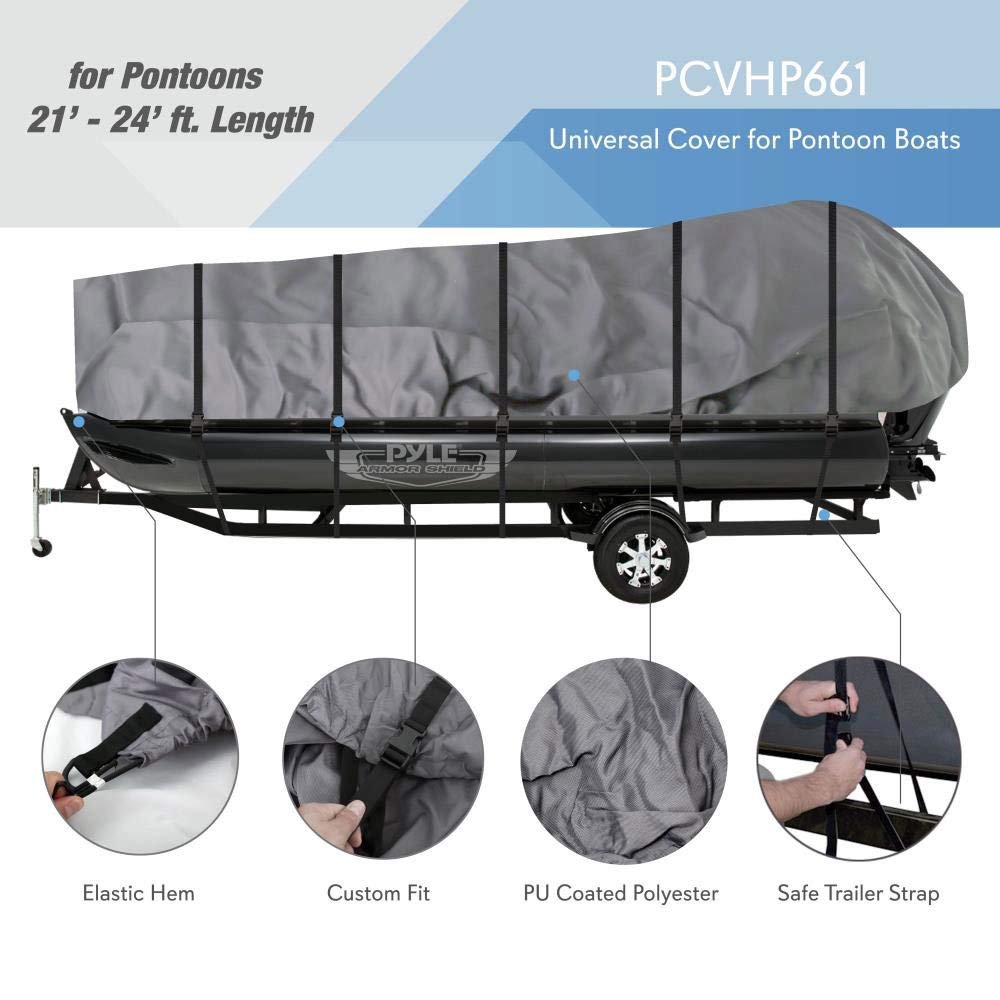 Pyle Pontoon Boat Cover, Universal Fit, Waterproof, Weather Resistant, Marine Grade Canvas, Adjustable Height Support, Includes Storage Bag, Fits 21ft to 24ft Boats, Sun Damage Protection
