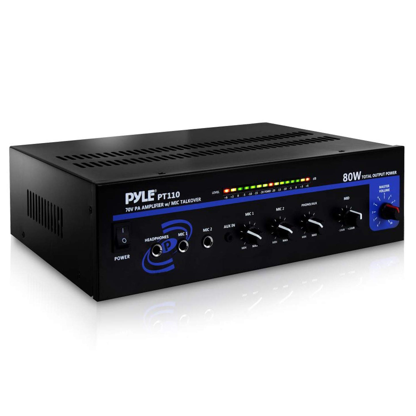 Pyle 80W Compact PA Mono Amplifier - Professional Mini Audio Receiver with 2 Mic Inputs/RCA /AUX/Headphone Jack - Bluetooth 5.0 - Independent Volume Control - for Public Address & Home Use - PT110