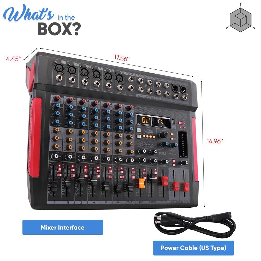 Pyle 8-Channel Bluetooth 5.1 DJ Audio Mixer Controller - 380 Preset DSP Effects - USB Interface - 6 XLR Mic/Line Inputs - AUX - MP3 - Headphone Jack - +48V Phantom Power - High Headroom - PMX648