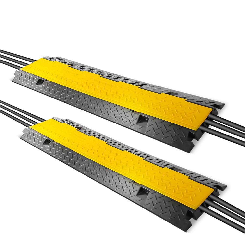 Cable Protector Floor Cover Ramp - 3 Channel Cable Protector Rubber Floor Cord Concealer - Heavy Duty Cable Protector Wire/Hose/Pipe Hider Driveway Protective Covering Armor - Pyle PCBLCO105X2 (Pair)
