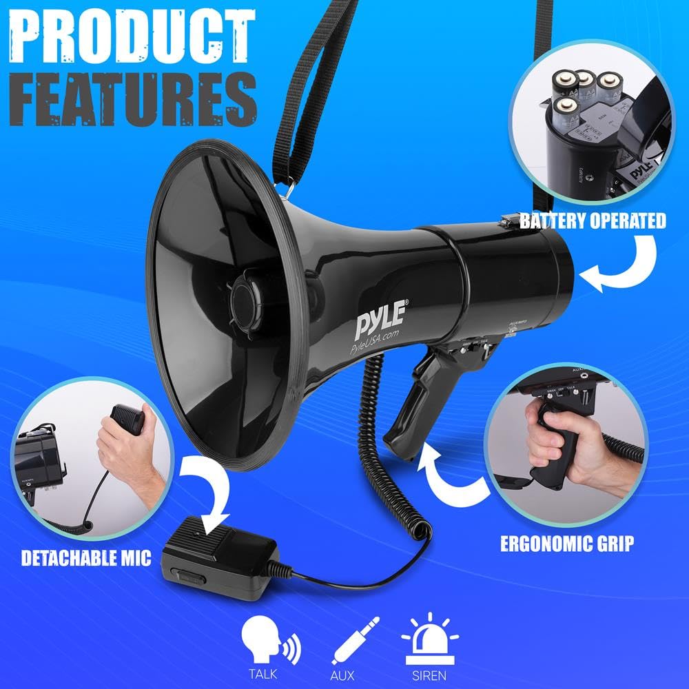 PYLE-PRO 50W Megaphone Speaker PA Bullhorn, Black Aux Input, Adjustable Volume, Siren, 35mm Aux Input, Ideal for Sports Events & Emergency Drills- PMP53IN