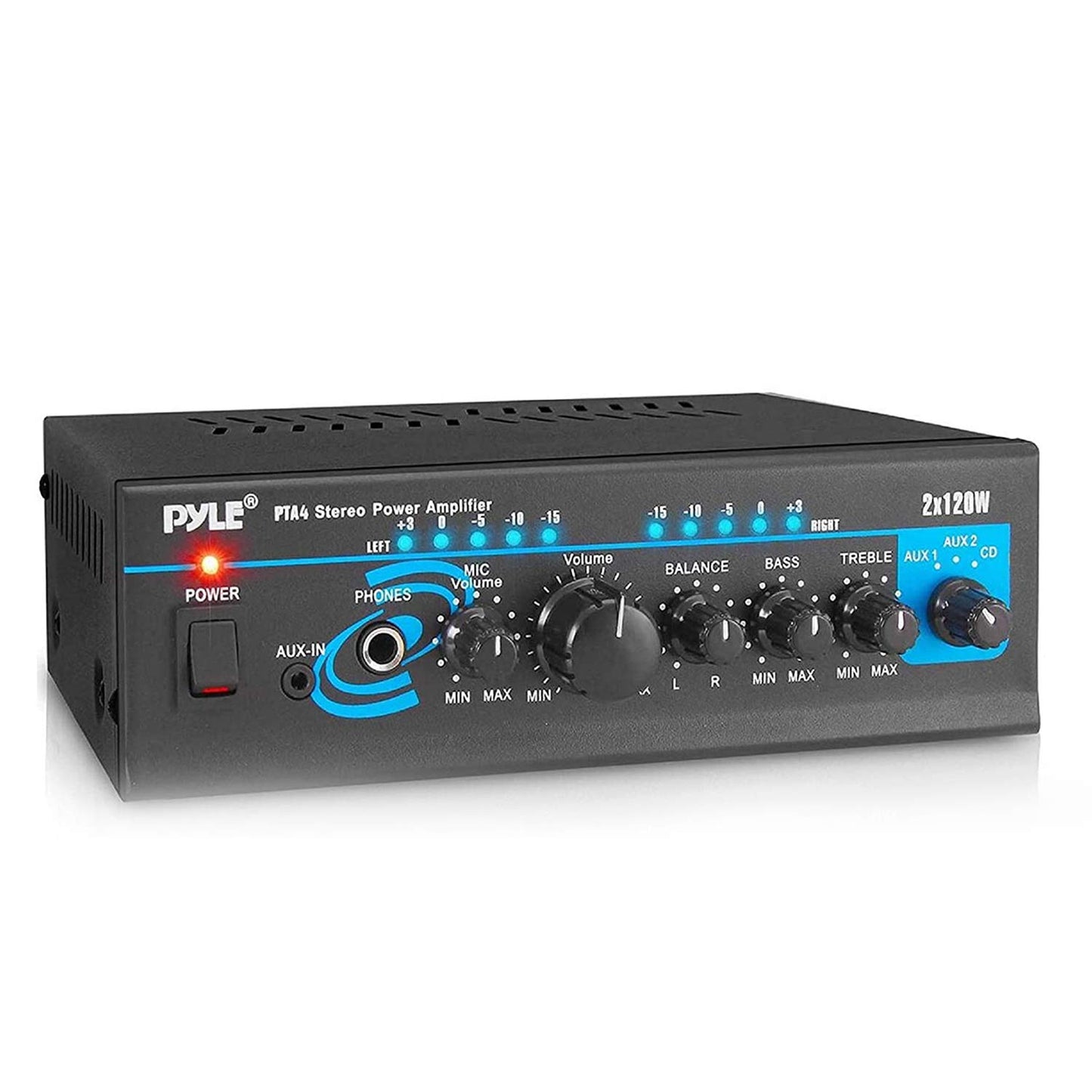Pyle 2x120W Mini 2-Channe Home Audio Power Amplifier - Bluetooth 5.1 - Stereo Receiver with RCA/AUX/Mic Input - Headphone Jack - Pager/Mixing Modes - Bass/Treble EQ - For PA, Theater & Studio - PTA4