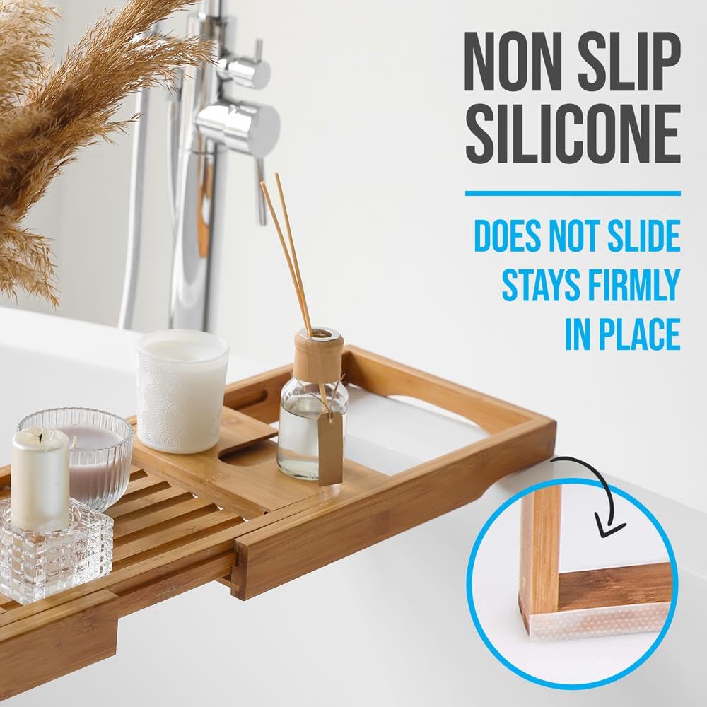 SereneLife Bamboo Bathtub Caddy with Luxury Gift Box and Red Gifting Ribbon Extendable & Adjustable Tray with Device/Book Holder with Removable Trays for Bath Accessories (Natural)