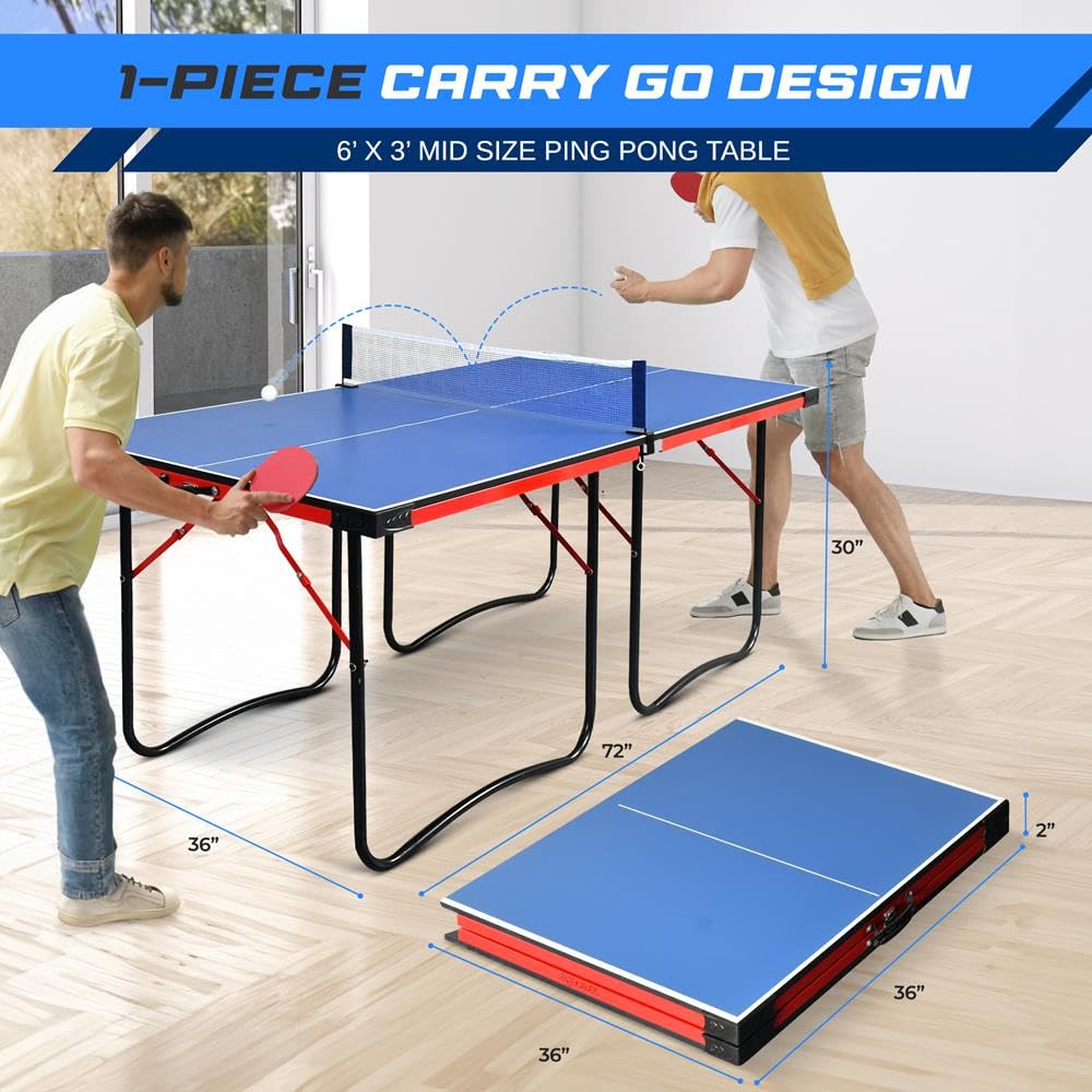 SereneLife Midsize Portable Ping Pong Table Set with Net, Clipper, Post - 6’ x 3’ Foldable Space-Saving Design, Blue