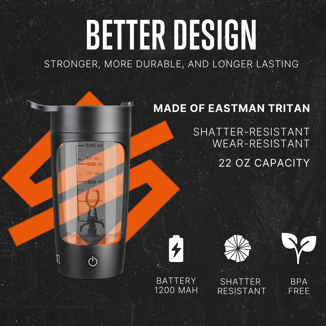SQUATZ Electric Protein Shaker Bottle - Workout Blender Bottle - Portable Gym Shake Mixer, USB Rechargeable - 22oz