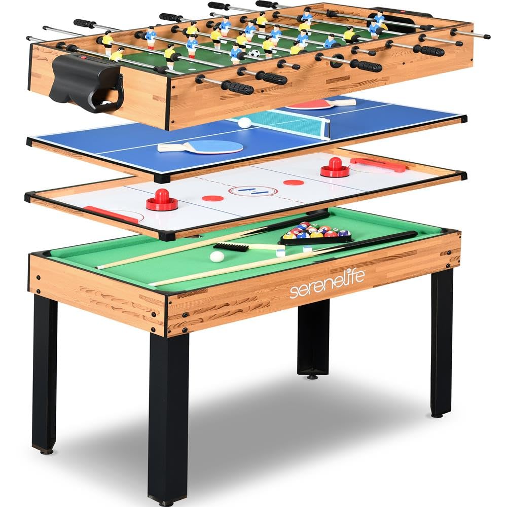 SereneLife 4in1 Multi Game Table, 48” Sports Arcade with Accessories, Ping Pong, Air Hockey, Pool Billiards, Soccer Foosball All in One, for Indoor and Outdoor, Family, Kids and Adults