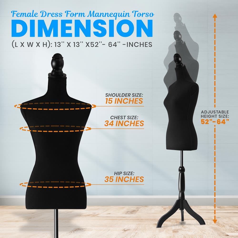 SereneLife Female Mannequin Dress Form with 52–64" Adjustable Tripod Stand – Black Foam Torso for Clothing Display, Sewing, Tailoring & Jewelry – Lightweight & Durable Design for Home or Store