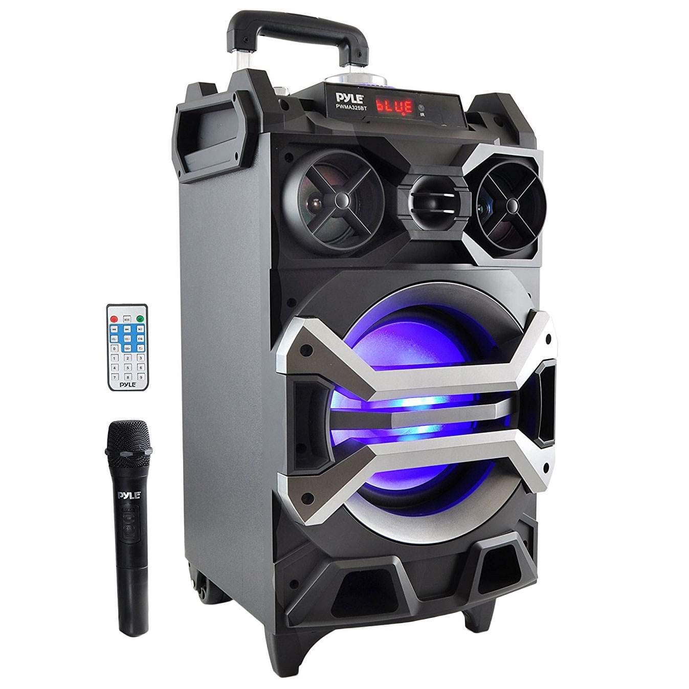 Pyle 500 Watt Portable BT Connectivity Karaoke Speaker System - PA Stereo with 8" Subwoofer, DJ Lights Rechargeable Battery Microphone, Recording Ability, MP3/USB/SD/FM Radio - PWMA325BT