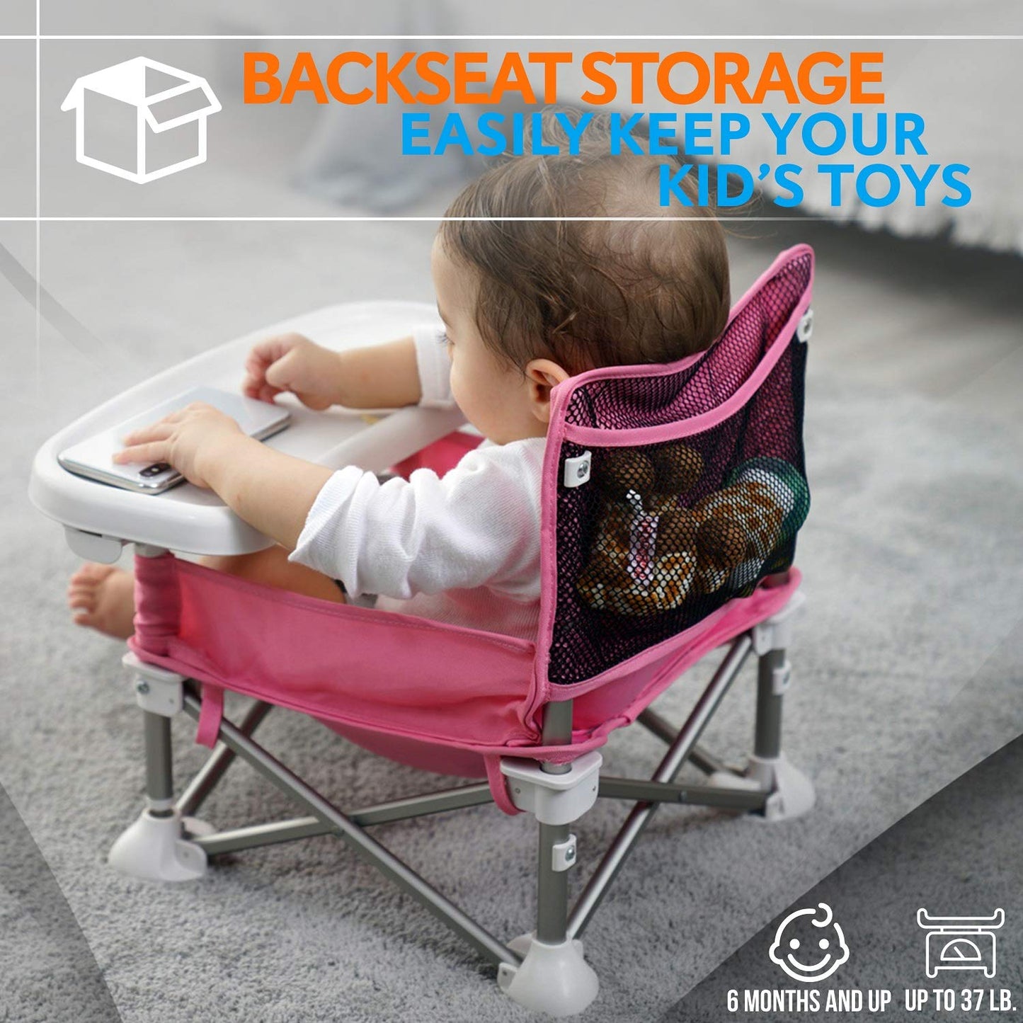 Serene Life Baby Seat Booster -Space Saver Toddler Booster Seat - Portable Pop and open Sit Folding Booster Feeding Chair - Safety Belt/Food Tray/Travel Bag - SereneLife