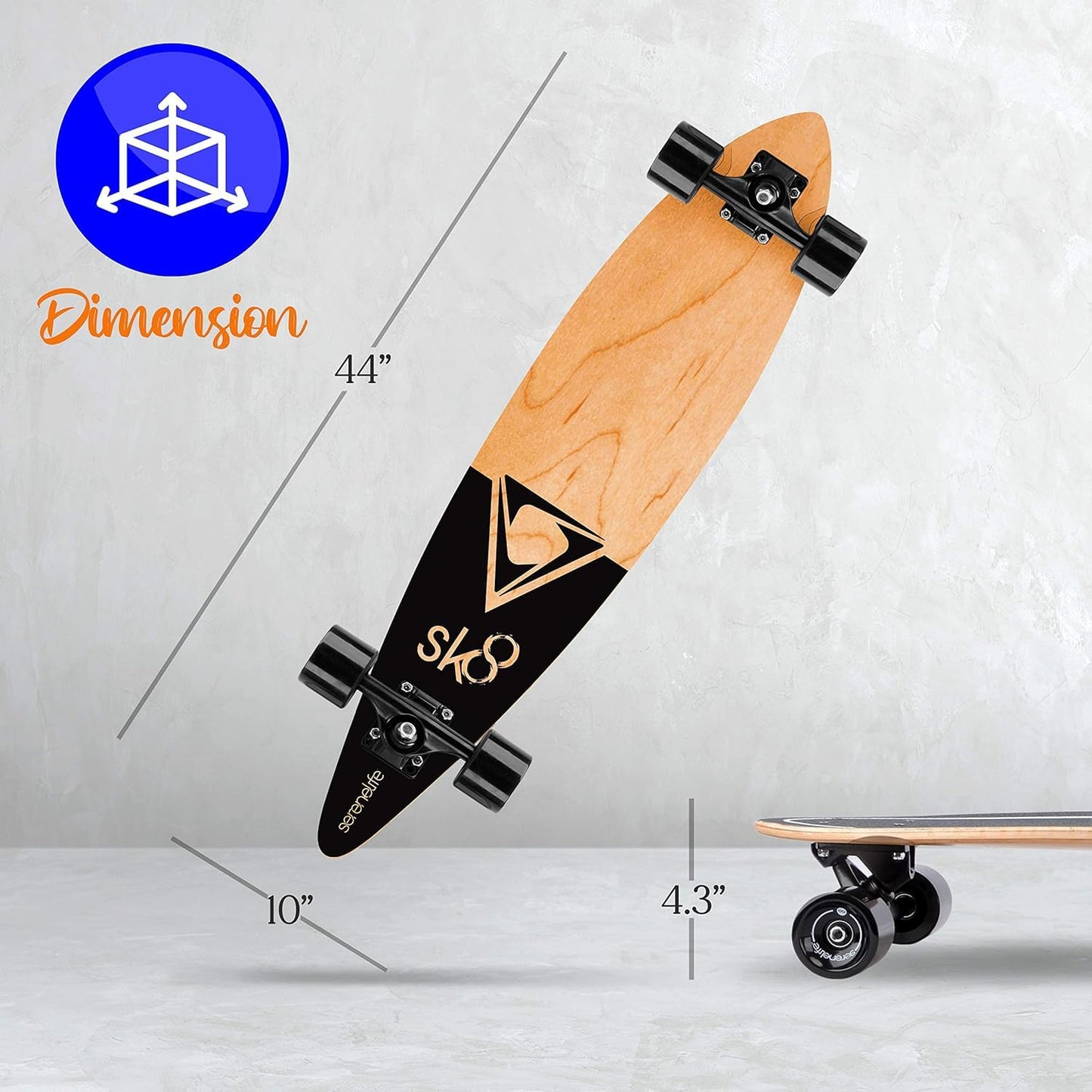 SereneLife Complete Standard Skateboard Mini Cruiser - 8 Ply Canadian & Bamboo Maple Deck Complete Flat Concave Skate Board W/ 7" Aluminum Trucks - for Kids, Teens, Adults - SereneLife SL7SBBK (Black)