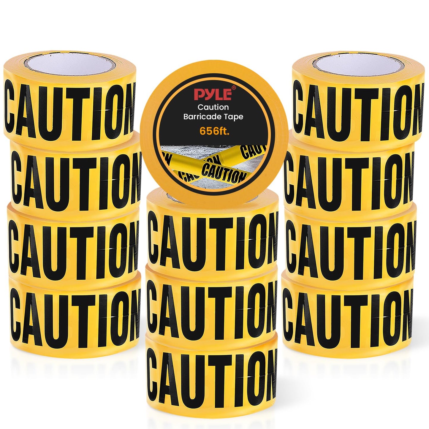 Pyle 12 Pieces Yellow Caution Tape Set - 656 Foot Long Tape Roll Suitable for a Wide Range of Applications, Including Roadworks, Events, and Hazardous Areas