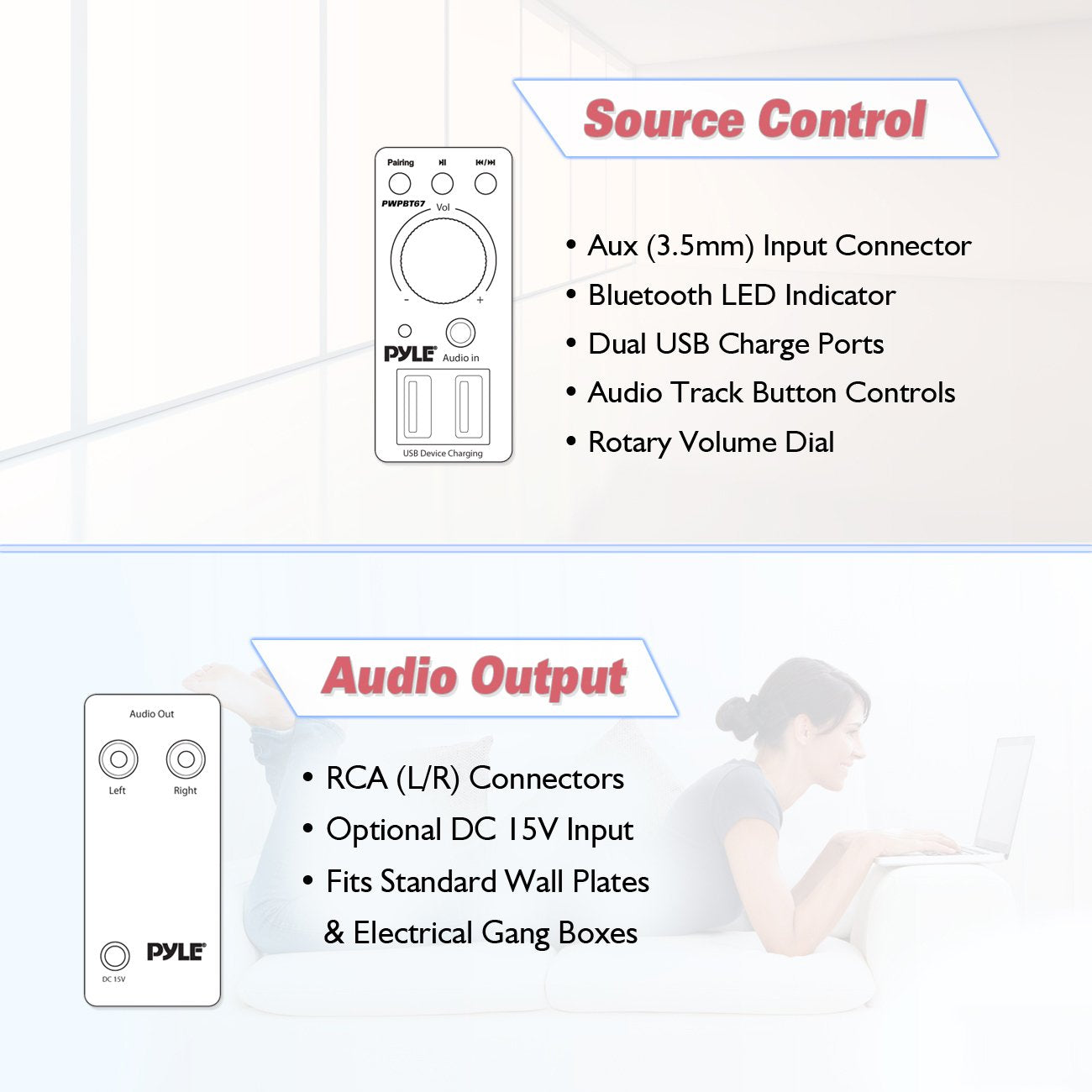 Pyle Bluetooth Receiver Wall Mount - In-Wall Audio Control Receiver w/ Dual USB Charging Port, 3.5mm AUX Input for Sound Systems - For Home Theater Entertainment - Includes DC Power Adaptor - PWPBT67