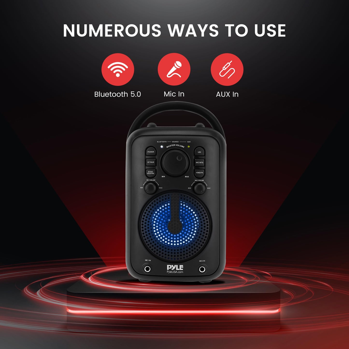 Pyle 4” Wireless BT Streaming Speaker - Portable Audio Speaker, with Two Microphones and Stand to Put Mobile Phone, 5.0 Bluetooth, Big Bass & Clear Sound, MP3, Classic Karaoke System