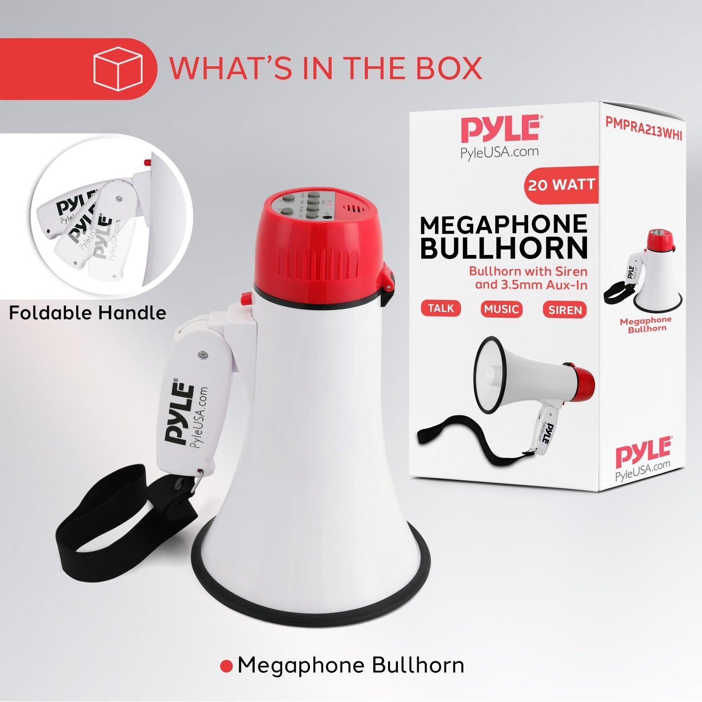Pyle 20W Megaphone Bullhorn - Portable, Automatic Siren & Adjustable Volume,Projection Range Up to 400 Square Yards, Aux Input, Talk, Siren, Music, Whistle, & Record, Shoulder Strap (White-Red)