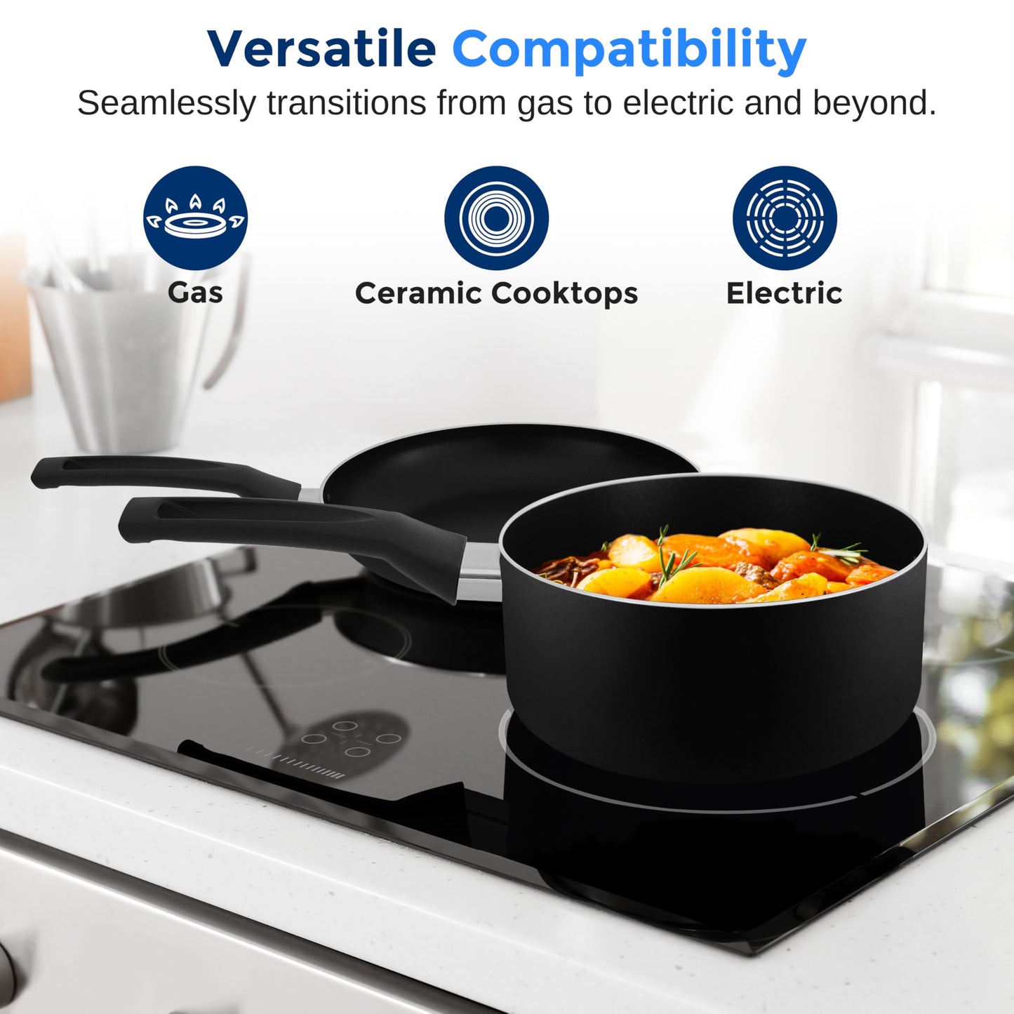 SereneLife 6-Piece Pots and Pans Set – Nonstick Cookware, Black Coating, Heat-Resistant, Dishwasher safe, Includes Fry Pans, Saucepans with Lids, Color Black