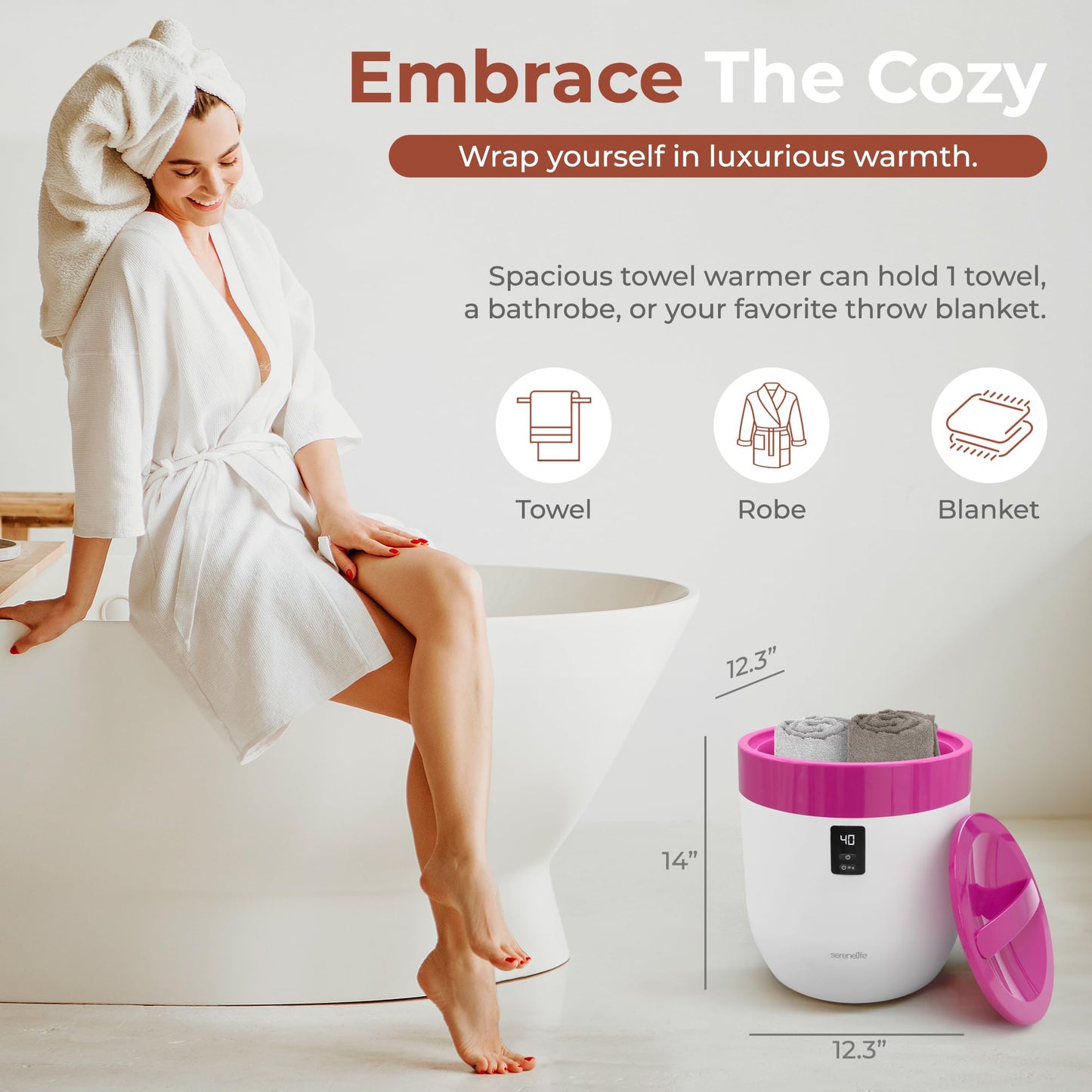 SereneLife Counter Towel Warmer Bucket - with Customized Fragrance for Spa and Bathroom, Luxury Heater, Auto Shut Off, Fits 1 Large Blanket, Bathrobe, PJs (Pink)