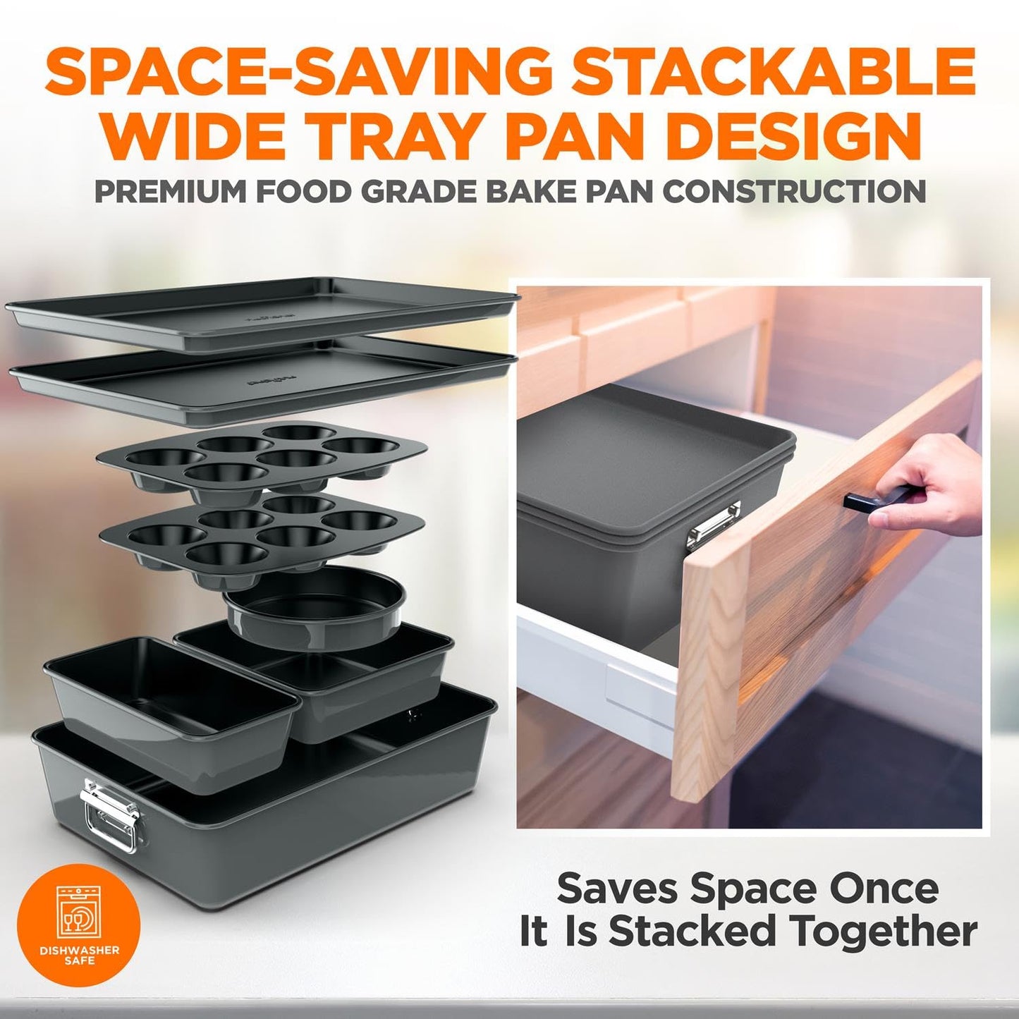 NutriChef 8-Piece Nonstick Stackable Bakeware Set - PFOA, PFOS, PTFE Free Baking Tray Set w/Non-Stick Coating, 450°F Oven Safe, Round Cake, Loaf, Muffin, Wide/Square Pans, Cookie Sheet (Gray)