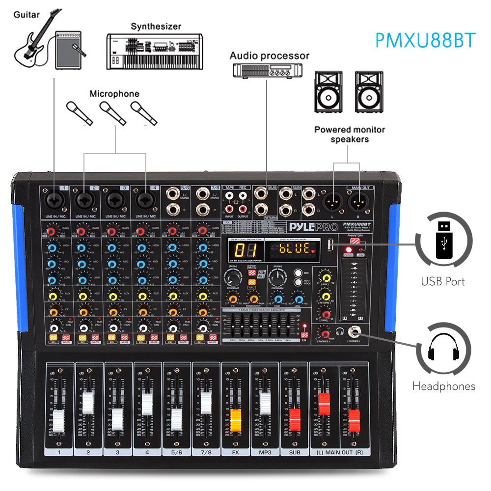 Pyle 8-Channel Bluetooth DJ Audio Mixer - Sound Controller w/ USB Drive for PC Recording - XLR Mic Input - 48V Power - 7-Band EQ - RCA I/O - DSP Processor for Professional & Beginners - PMXU88BT