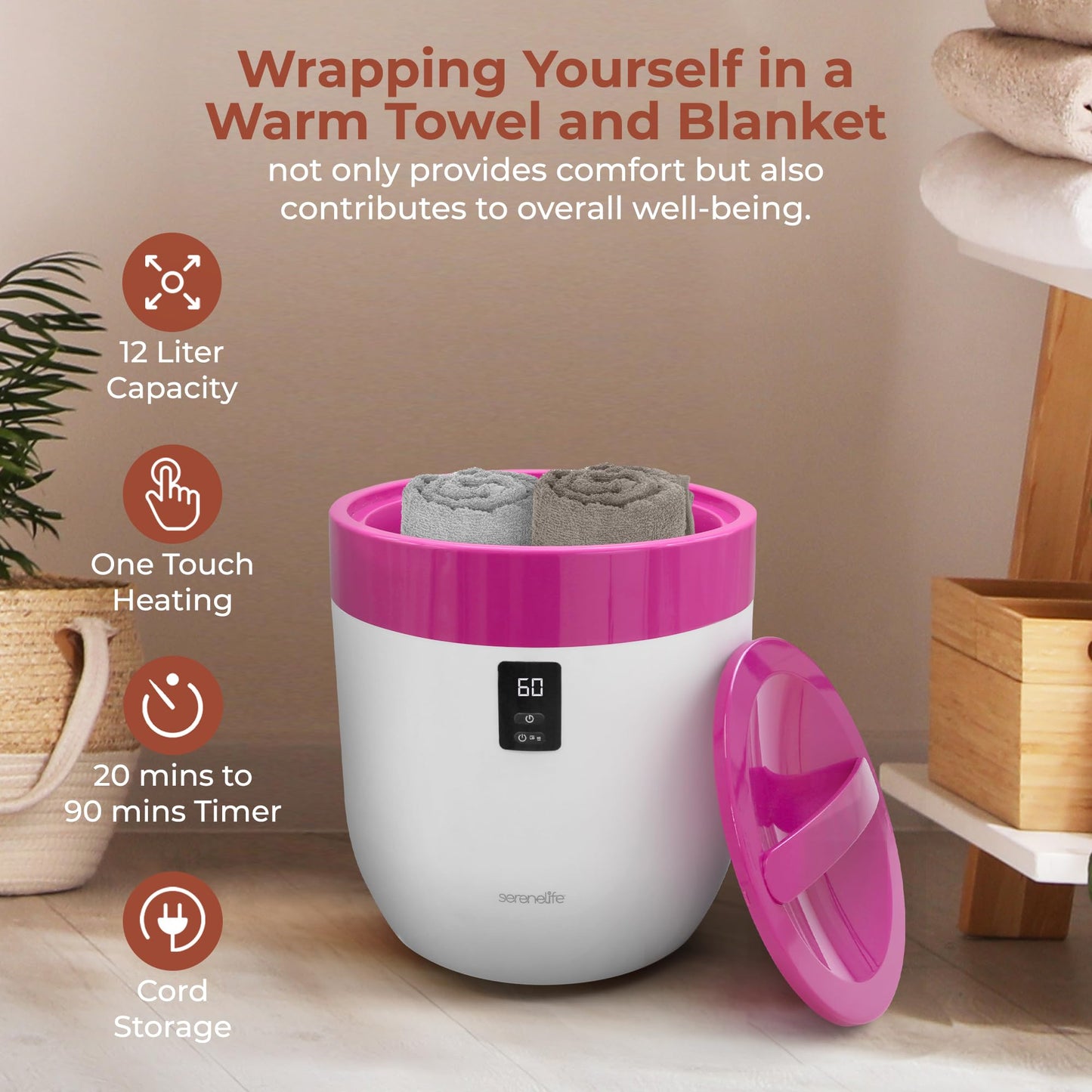 SereneLife Counter Towel Warmer Bucket - with Customized Fragrance for Spa and Bathroom, Luxury Heater, Auto Shut Off, Fits 1 Large Blanket, Bathrobe, PJs (Pink)