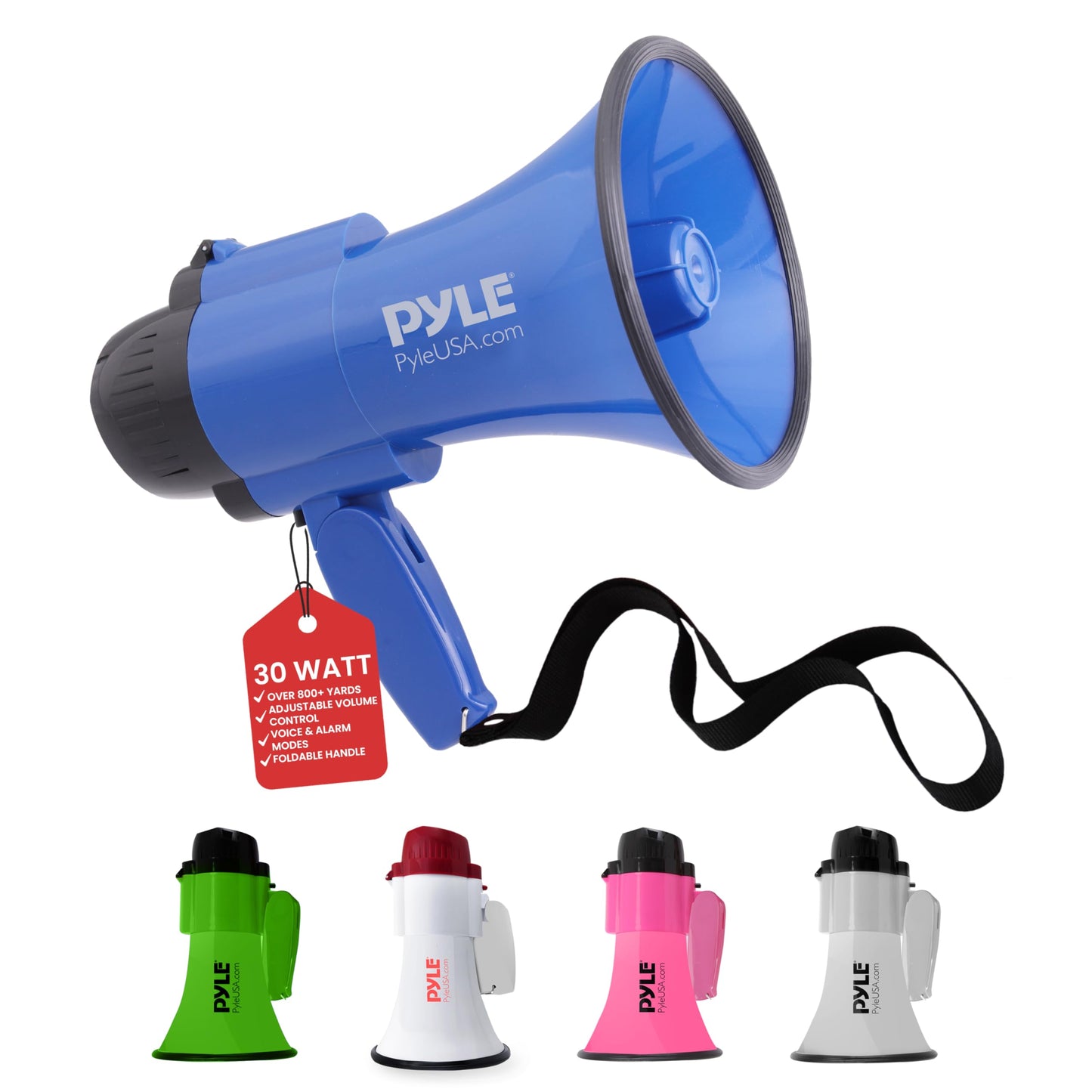 Pyle Compact Battery-Operated Megaphone with Siren - 30 Watt Power, Microphone, 2 Modes, PA Sound, Bullhorn, Foldable Handle for Cheerleading, Police Use (Blue)