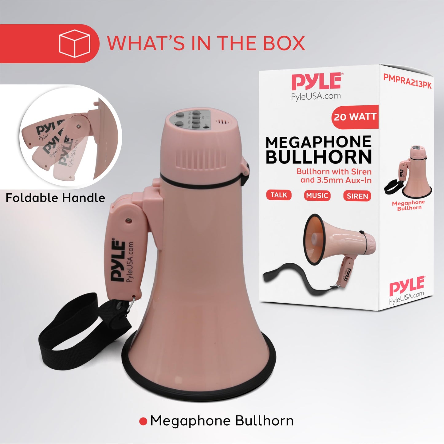Pyle 20W Megaphone Bullhorn - Portable, Automatic Siren & Adjustable Volume,Projection Range Up to 400 Square Yards, Aux Input, Talk, Siren, Music, Whistle, & Record, Shoulder Strap (Pink)