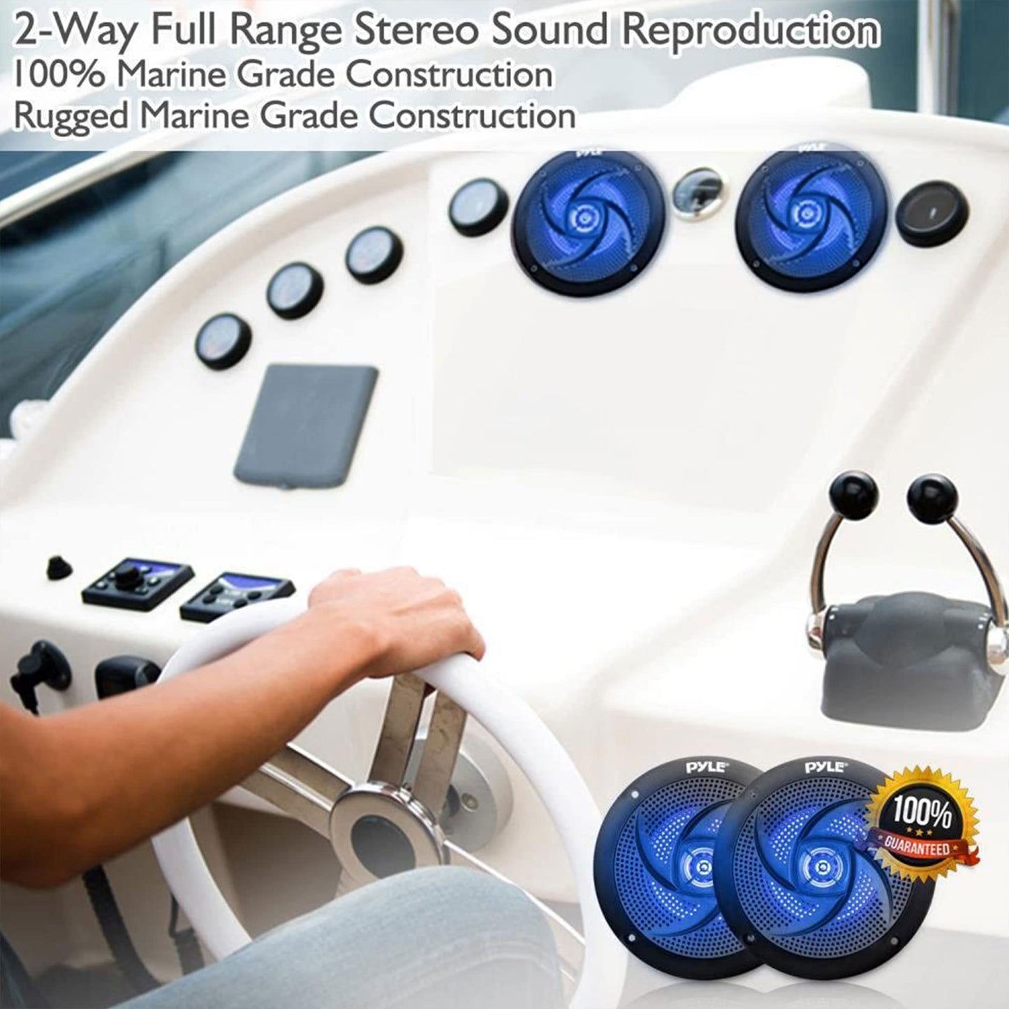 Pyle Waterproof Rated Marine Speakers - 4'' 2 Way Off-Road Vehicles & Weather Resistant Outdoor Audio Stereo Sound System w/ LED Lights, 100W Power, & Low Profile Slim Style, Pair, Black-PLMRS43BL