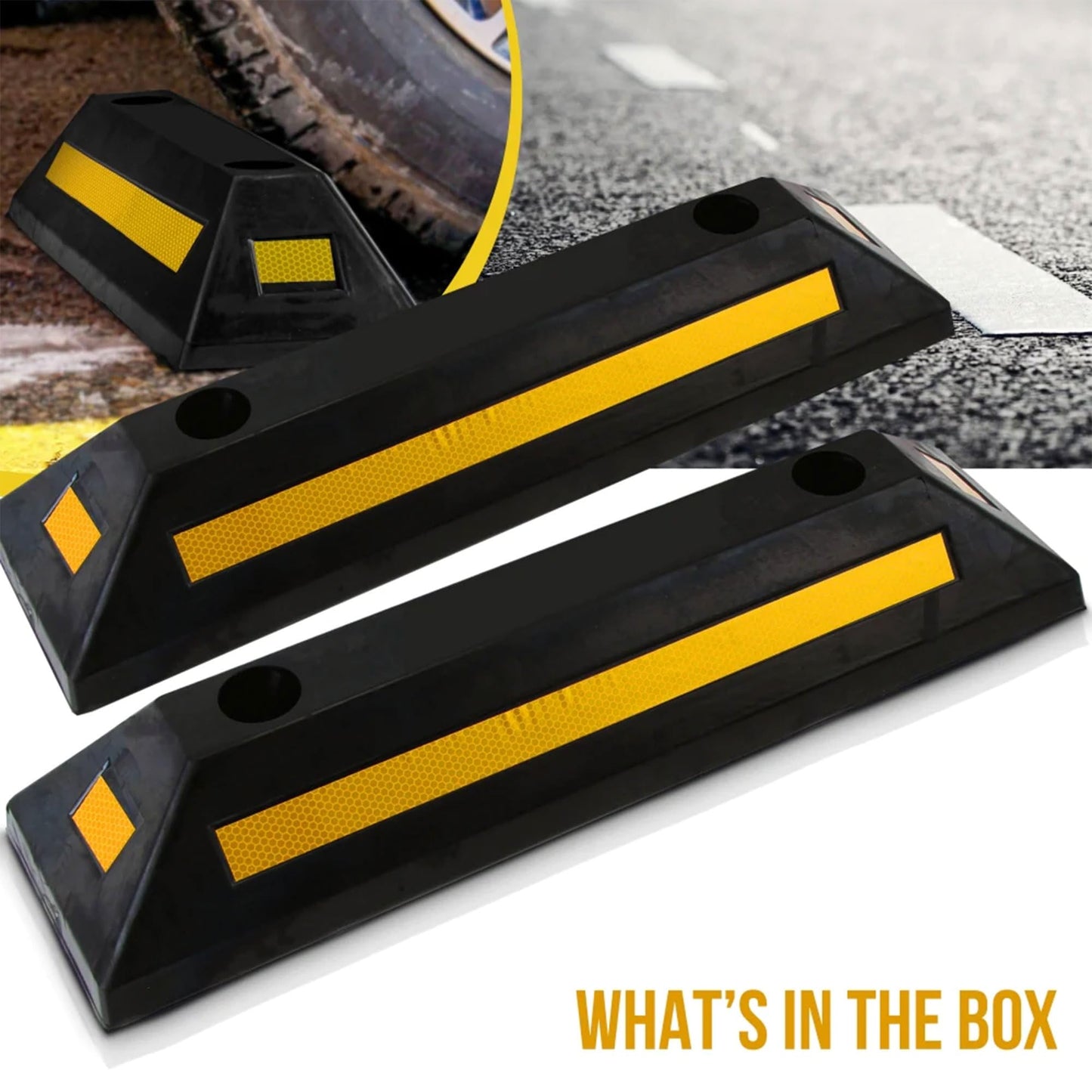 Pyle 2-Pack Heavy Duty Rubber Wheel Stops for Garage Parking – Durable, High-Visibility Tire Blocks for Cars, Trucks, Vans, RVs, Trailers, Forklifts – Reflective Safety Strip Included