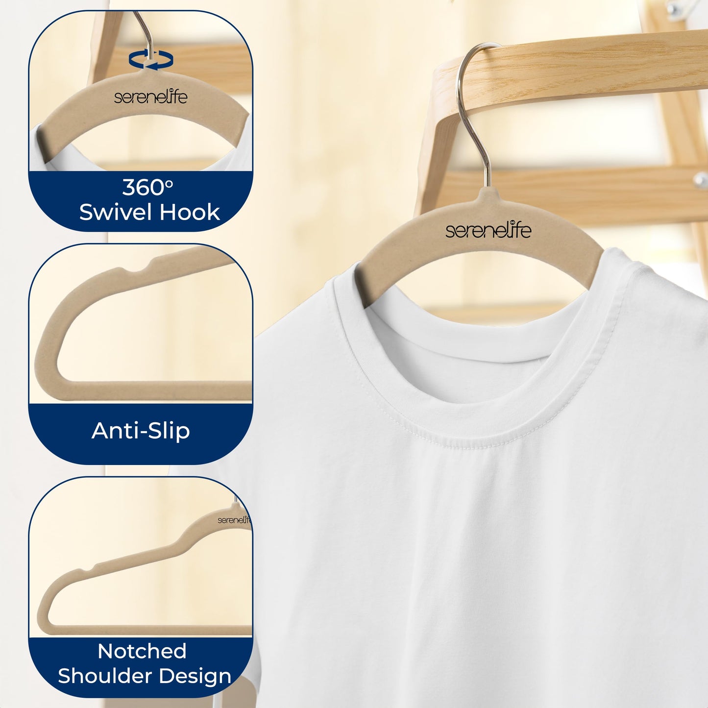 SereneLife 50 Pack Velvet Hangers - Non-Slip, 360° Swivel Hook - Ultra-Thin, Lightweight Velvet Hangers for Shirts, Sweaters, Hoodies, Kids Clothes & Dresses - Space-Saving