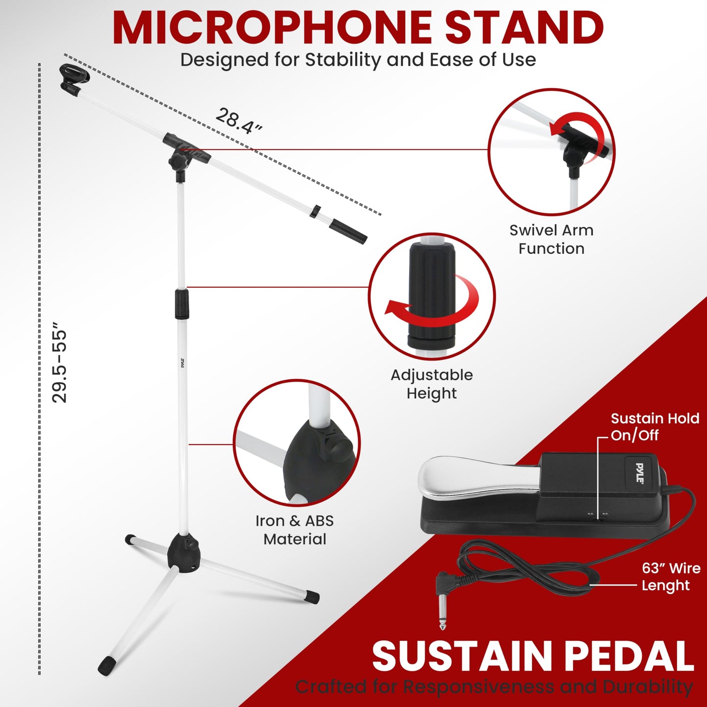 Pyle Heavy-Duty Electric Keyboard Accessories, E Piano Equipment Pack Includes Height Adjustable Z Shape Keyboard Stand, Keyboard Stool, Microphone Stand, Headset, and Sustain Pedal, White