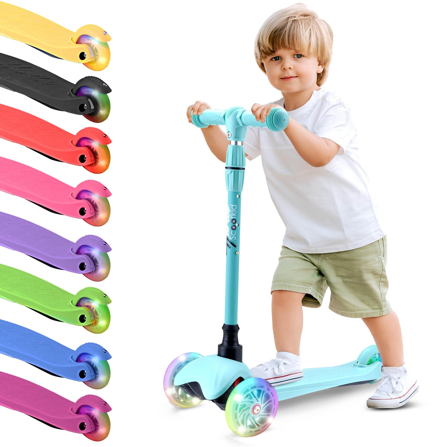 Hurtle Mini Kickboard Scooter for Kids - Height Adjustable 25''-28'', Lightweight 3-Wheel with LED Light-up Wheels, Anti-Slip,Indoor/Outdoor Fun, Micro Scooters for Ages 2-5 (Teal)