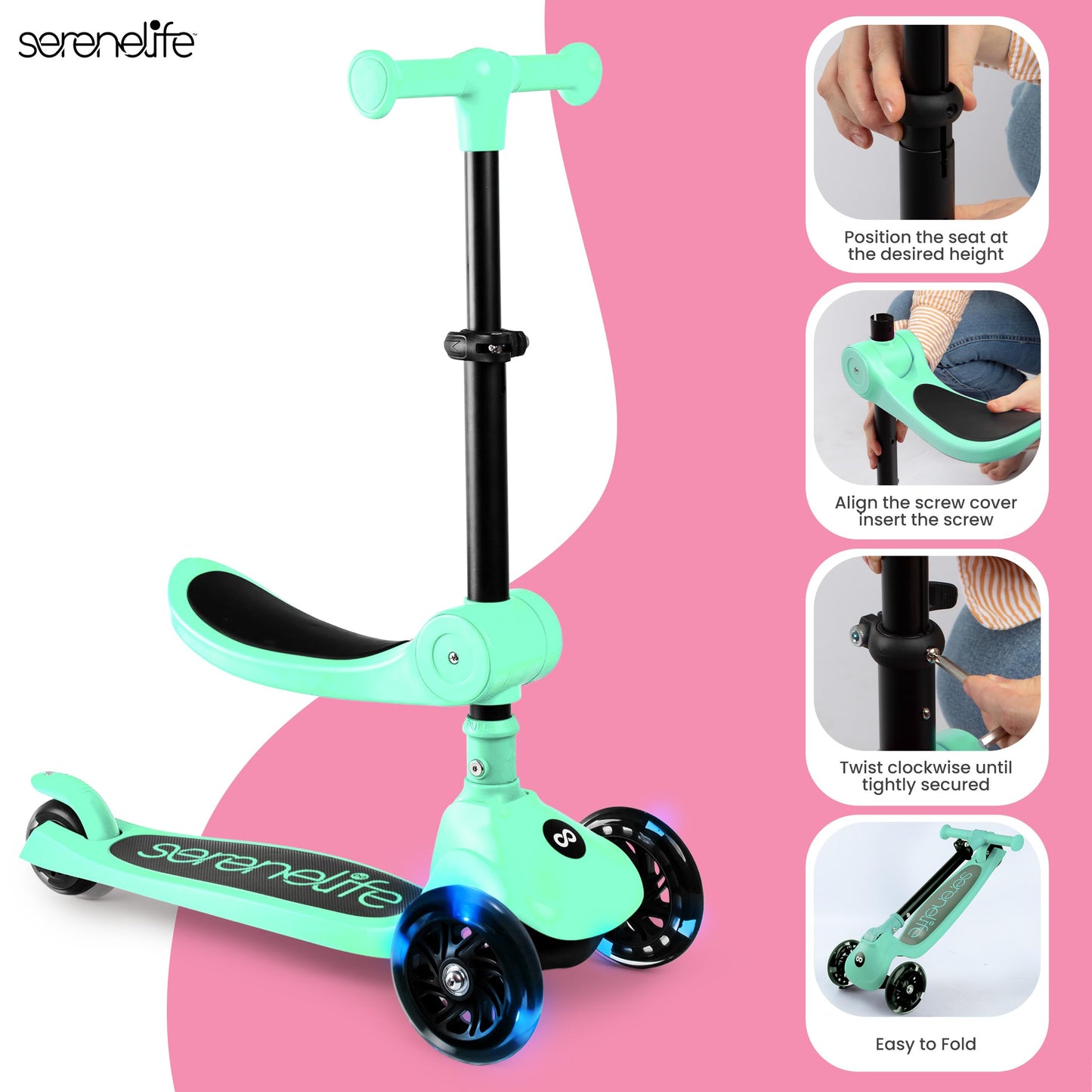 SereneLife 3 Wheel Foldable Kids Scooter - Foldable Seat, LED Wheel Lights, Adjustable Handlebar, Rear Foot Brake, Lean-to-Steer, Anti-Slip Deck, Ideal for Toddlers Kids 3+, up to 110Lbs, Mint Green