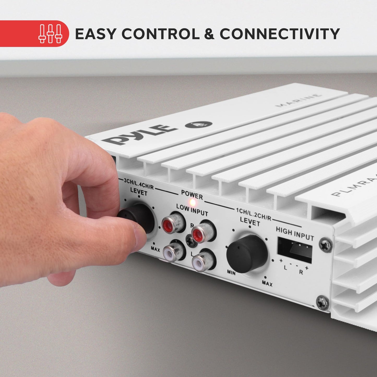 Pyle Hydra Marine 400W 4-Channel Amplifier - Waterproof with Dual MOSFET Power Supply - GAIN level Controls - RCA Input - LED Indicator - Compact Design for Boat/Vehicle Audio - PLMRA402