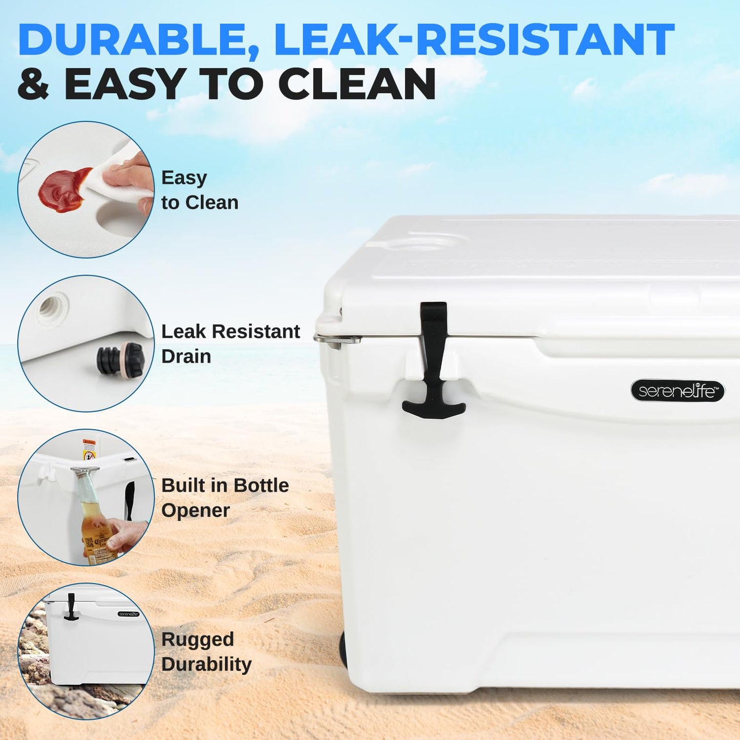 SereneLife 75-Quart Heavy-Duty Portable Cooler Box – Holds 63 Cans, 2L Bottles Upright – 5-Day Ice Retention – Rugged Ice Chest for Camping, Tailgating, Fishing, Beach & Outdoor Use (White)