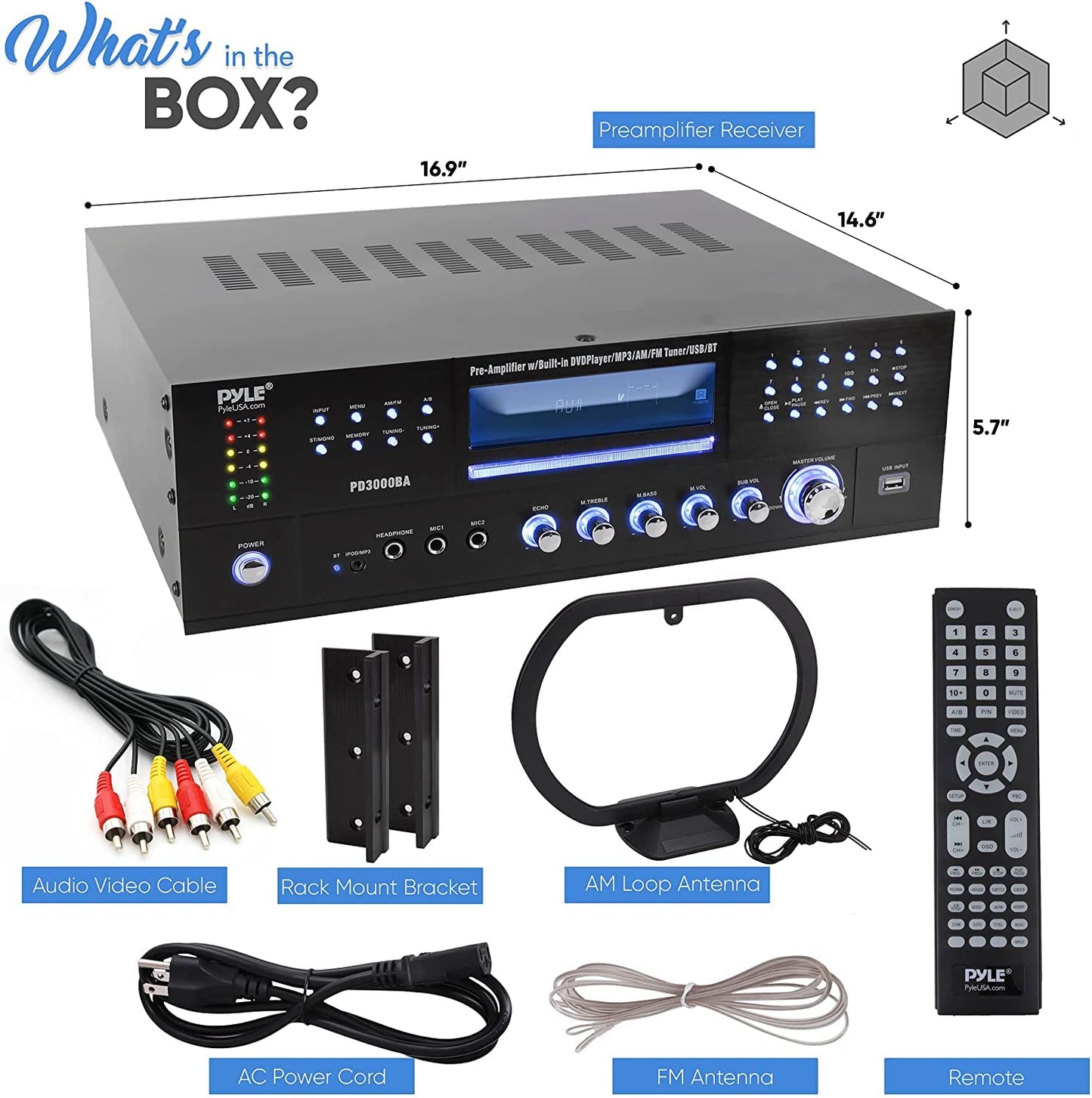 Pyle 4 Channel Wireless Bluetooth Amplifier - 3000W Peak Stereo Audio Receiver FM Radio - USB - 2 Mic Inputs w/ Echo - HDMI - 24-Bit Decode - CD/DVD - Subwoofer Output - LED - Rack Mount - PD3000BA