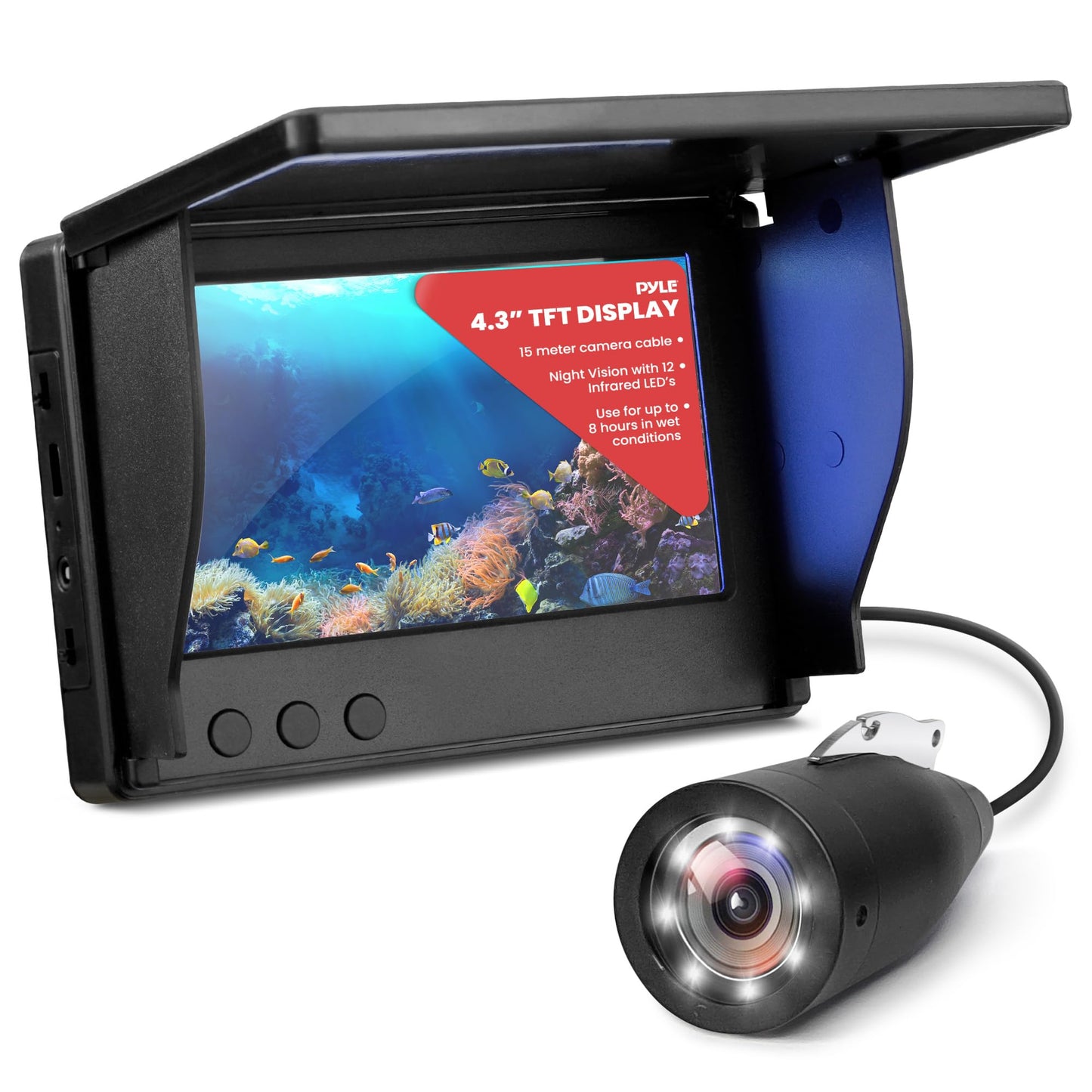 Pyle, Portable LCD Monitor, Underwater Fishing Camera, IP68 Water-Resistant, 4.3" TFT Color, 1000TVL Camera, 12pcs Infrared Lights, Rechargeable Battery, Carrying Case, Sunshield Cover