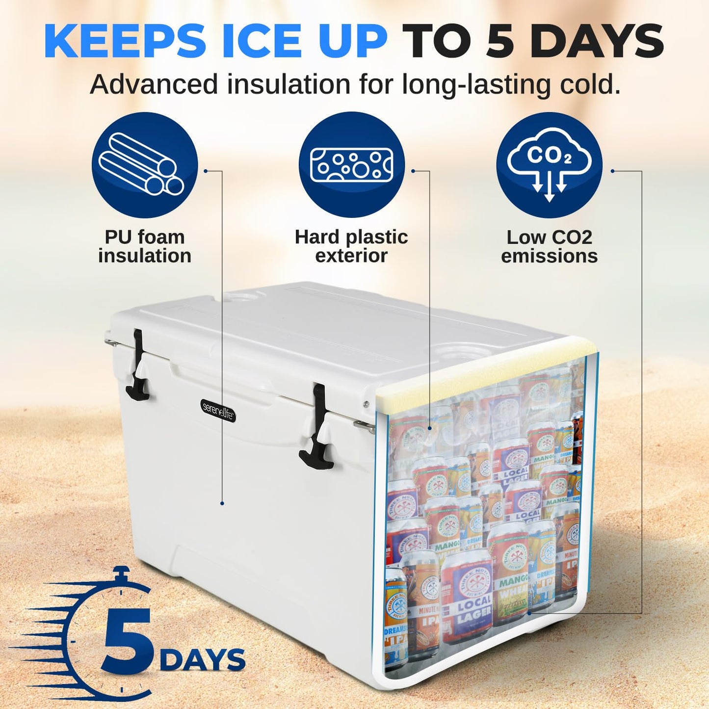 SereneLife 75-Quart Heavy-Duty Portable Cooler Box – Holds 63 Cans, 2L Bottles Upright – 5-Day Ice Retention – Rugged Ice Chest for Camping, Tailgating, Fishing, Beach & Outdoor Use (White)