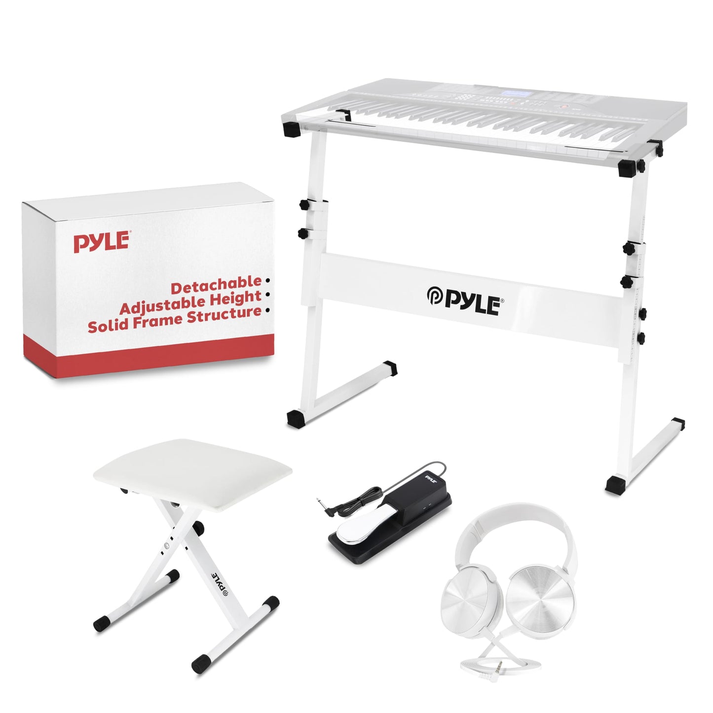 Pyle Heavy-Duty Electric Keyboard Accessories, E Piano Equipment Pack Includes Height Adjustable Z Shape Keyboard Stand, Keyboard Stool, Microphone Stand, Headset, and Sustain Pedal, White