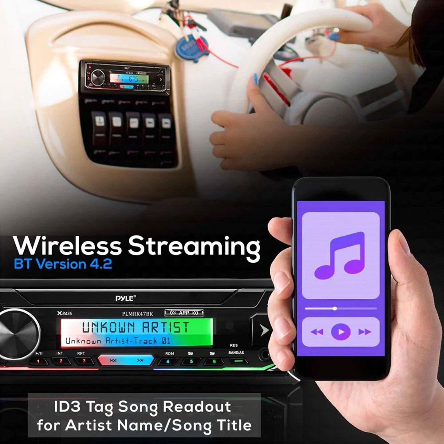 Pyle Bluetooth Marine Receiver Stereo & Speaker Kit 300W Single DIN Boat Marine Head Unit l LCD, Mic, Hands-Free Calling, AUX, MP3/USB/SD, AM/FM Radio, Remote - PLMRK47BK (Black)