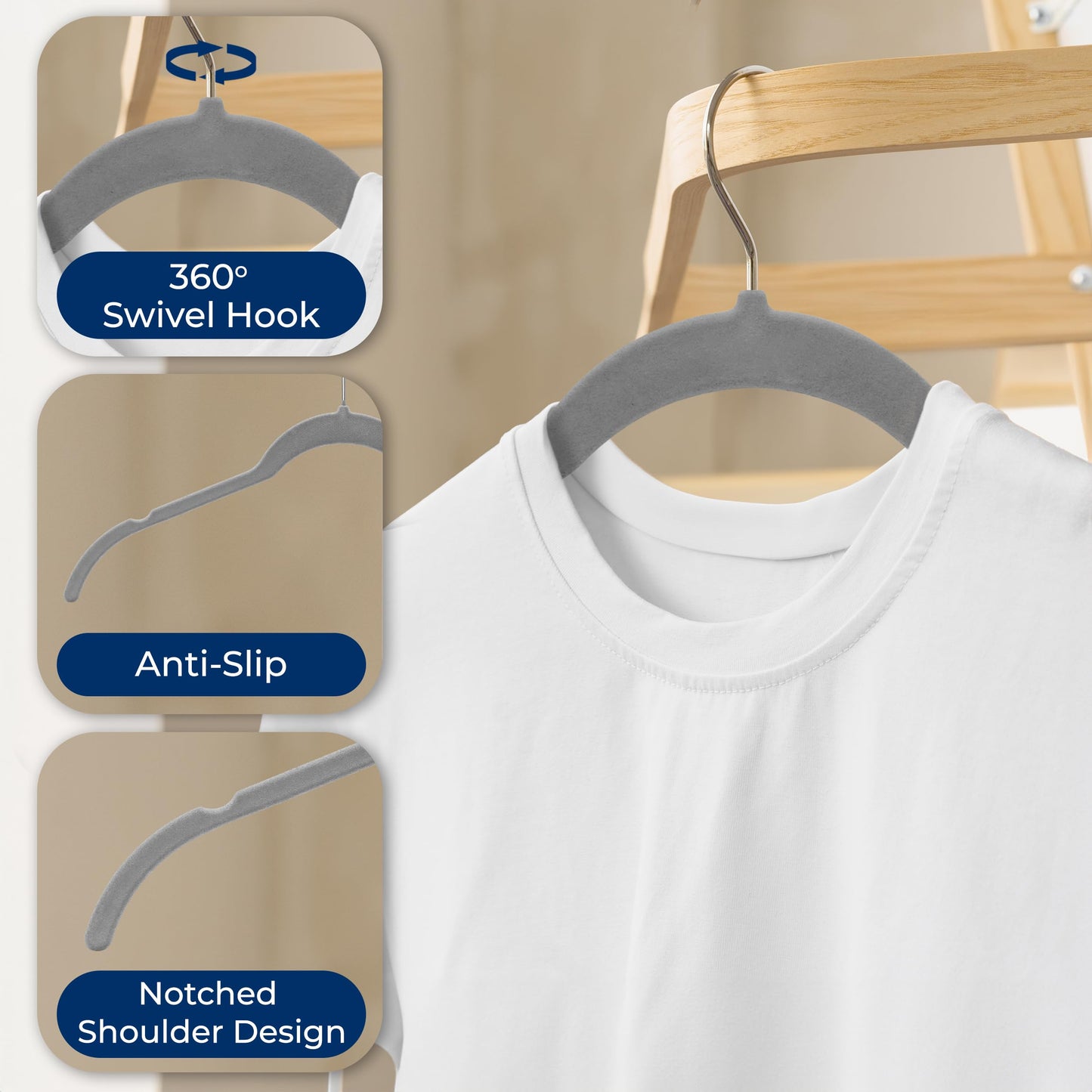 SereneLife 50-Pack Velvet Clothes Hangers – Space-Saving, Non-Slip Design with 360° Swivel Hooks – Heavy Duty Slim Hangers for Shirts, Coats, Dresses & Closet Organization – Grey