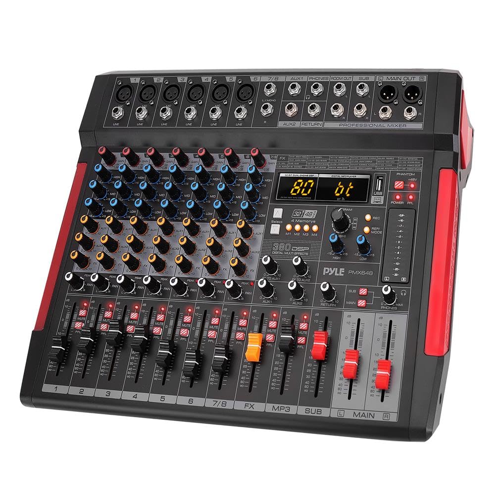 Pyle 8-Channel Bluetooth 5.1 DJ Audio Mixer Controller - 380 Preset DSP Effects - USB Interface - 6 XLR Mic/Line Inputs - AUX - MP3 - Headphone Jack - +48V Phantom Power - High Headroom - PMX648