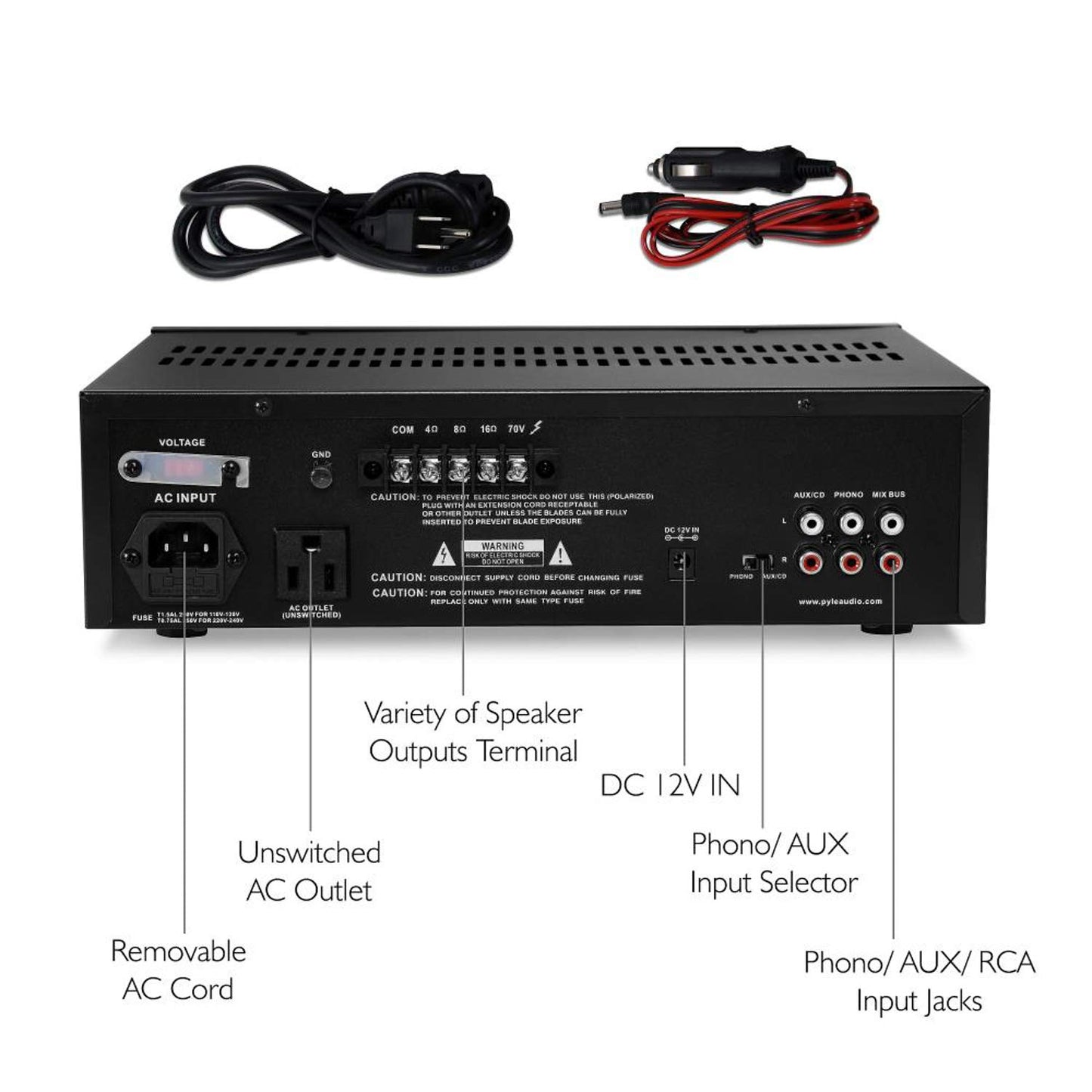 Pyle 80W Compact PA Mono Amplifier - Professional Mini Audio Receiver with 2 Mic Inputs/RCA /AUX/Headphone Jack - Bluetooth 5.0 - Independent Volume Control - for Public Address & Home Use - PT110