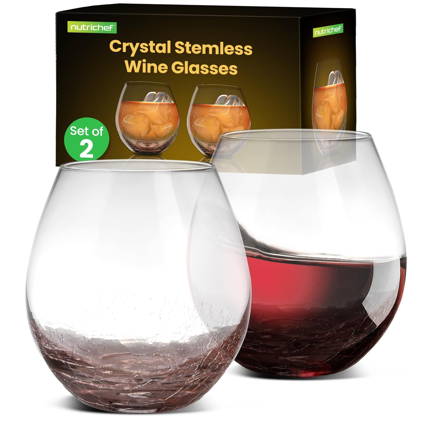 NutriChef Stemless 8 Wine Glasses 15 Ounces, Hand Blown Glasses for Home, Bar & Restaurant, Dishwasher Safe, Gift Set for Wine Lovers, Friends