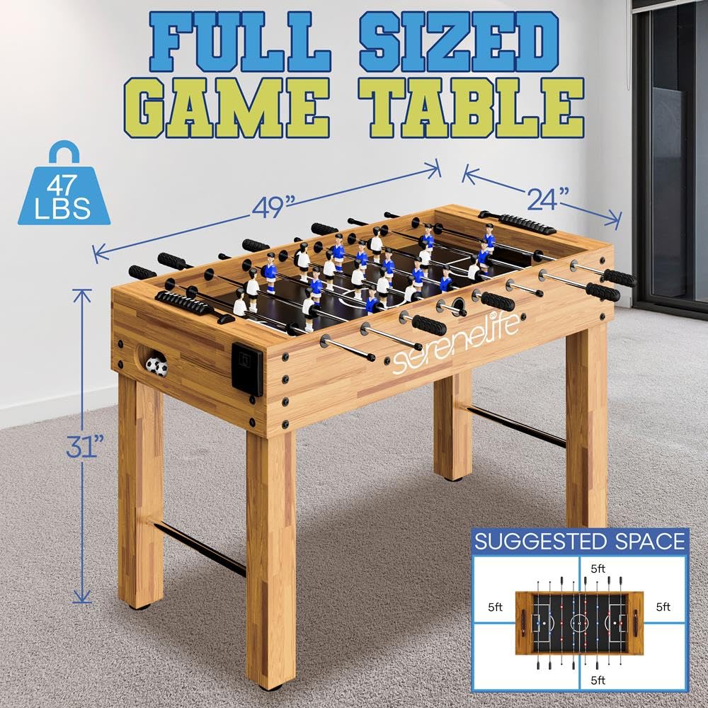 SereneLife 48in Competition Sized Foosball Table - Height Adjustable Arcade Soccer Set for Home, Game Room, Man Cave - Includes 2 Balls & 2 Fold-Out Cup Holders, Natural