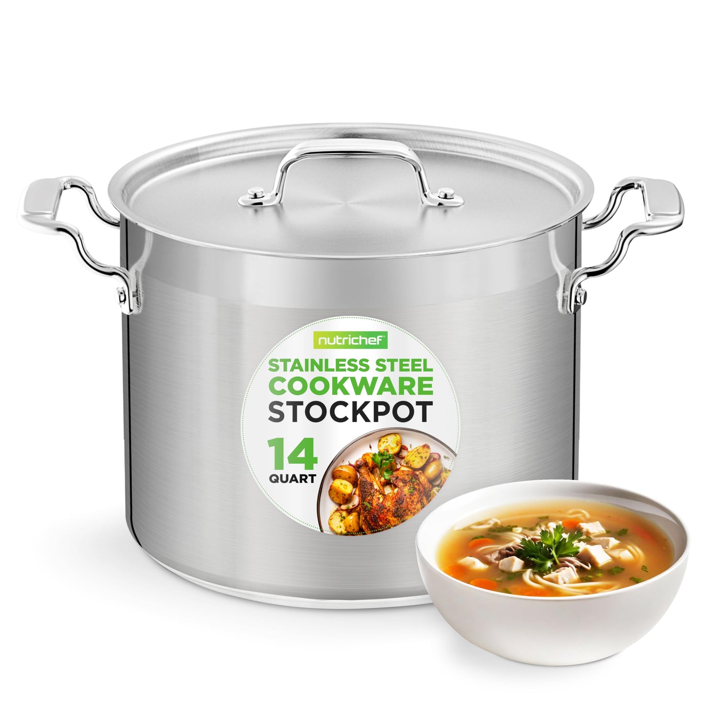 NutriChef 14 Quart Stock Pot with Lid - Heavy Duty Stainless Steel, Induction Ready, Ergonomic Handles