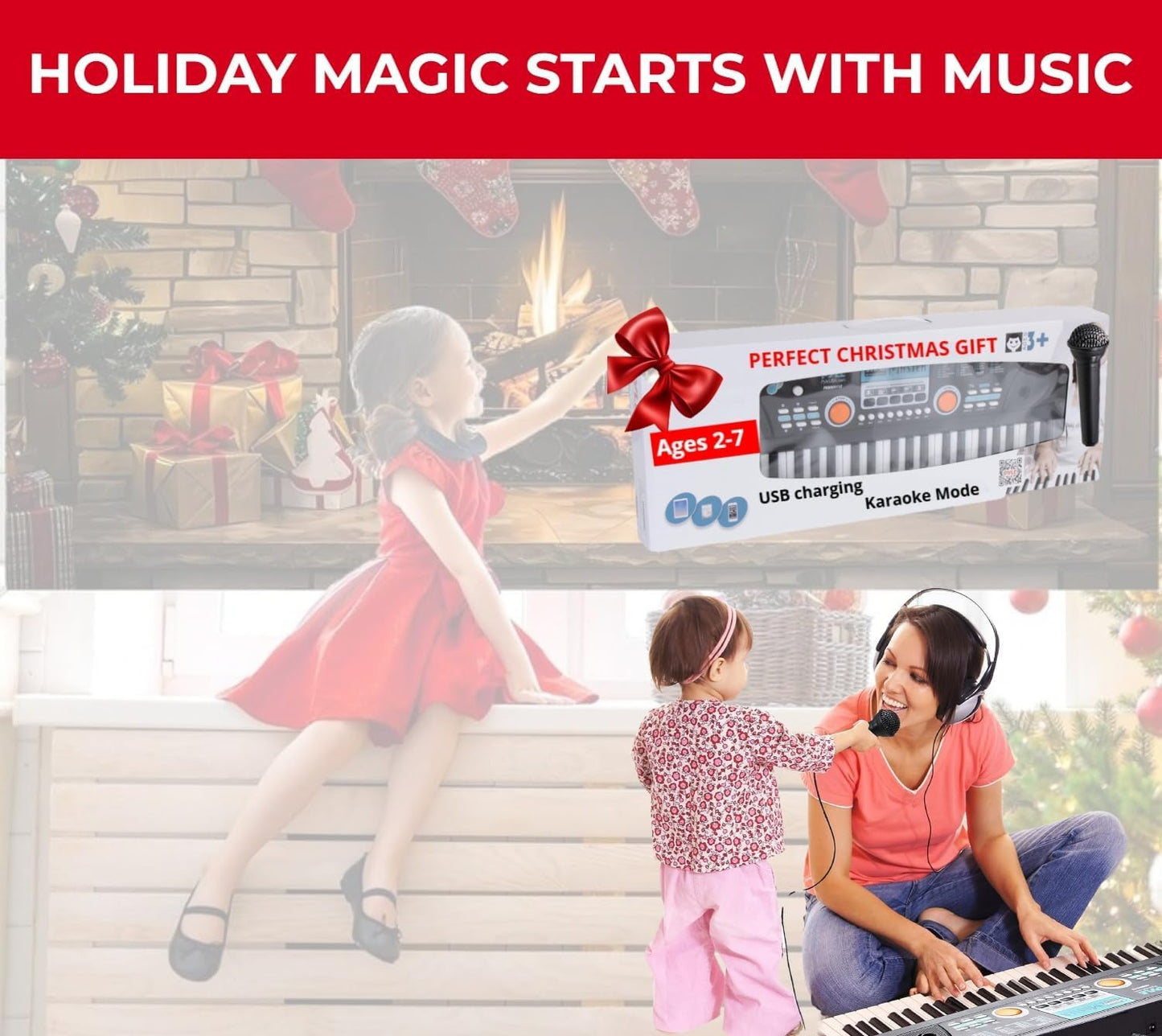 PYLE Digital Piano Kids Keyboard - Portable 61 Key Piano Keyboard, Learning Keyboard for Beginners w/ Drum Pad, Recording, Microphone, Music Sheet Stand, Built-in Speaker- 3 4 5 6 Year Old Girls, Boys