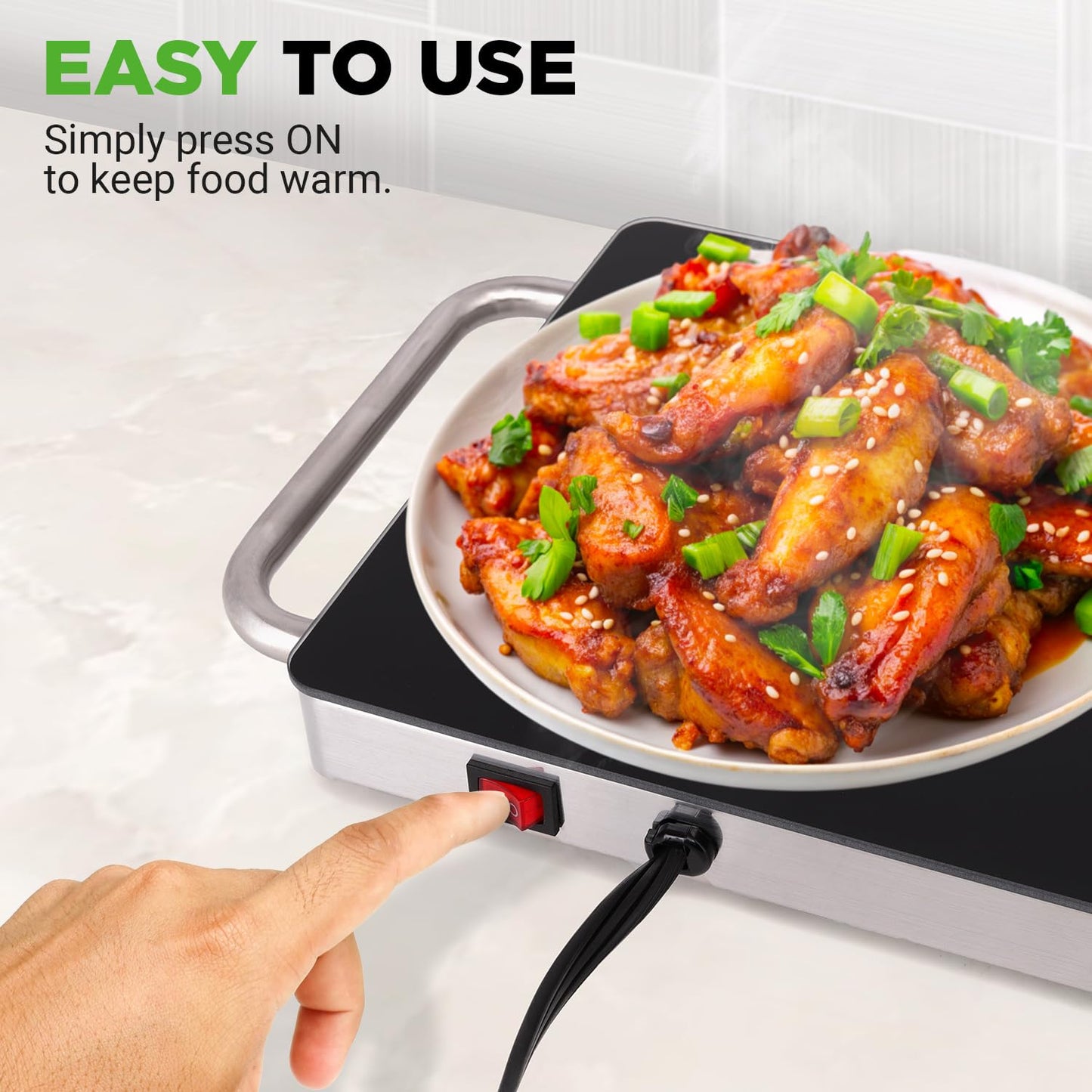 NutriChef Portable Electric Food Hot Plate-Stainless Steel Warming Tray&Dish Warmer with Black Glass Top-Keep Food Warm for Buffets,Restaurants,Parties&Home Dinners-22' x 6'-Heats up to 203°F