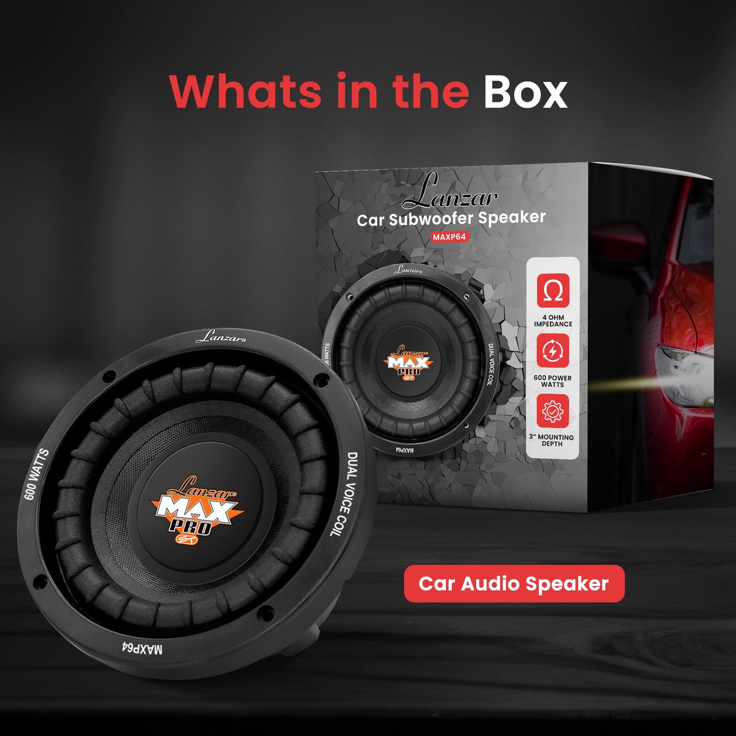 Lanzar 6.5” Car Subwoofer Speaker - Black Non-Pressed Paper Cone, Aluminum Voice Coil, 4 Ohm Impedance, 600 Watt Power and Foam Edge Suspension for Vehicle Audio Stereo Sound System - MAXP64
